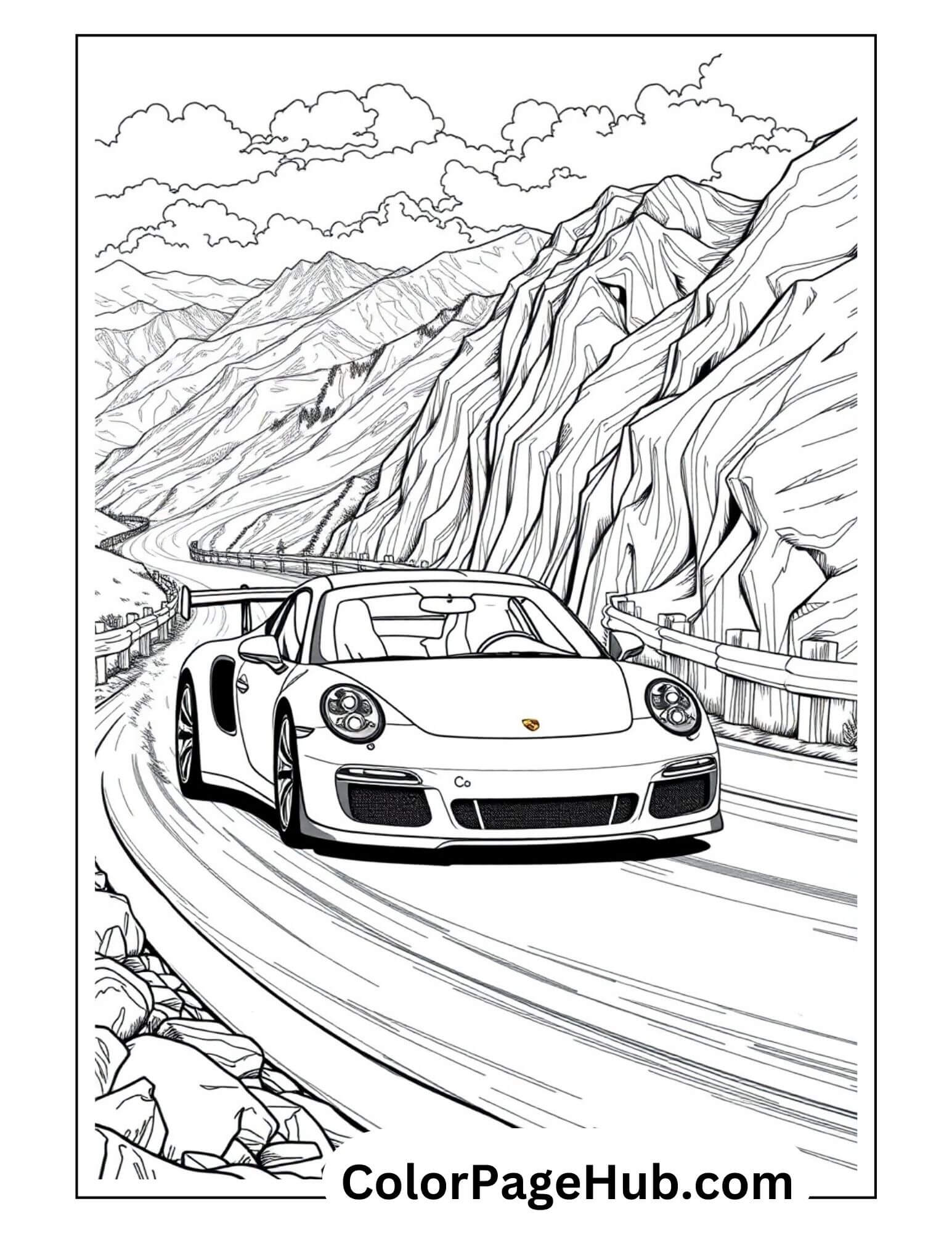 Porsche sports car navigating scenic mountain pass with winding roads and dramatic cliffs - luxury European cars coloring page for adults