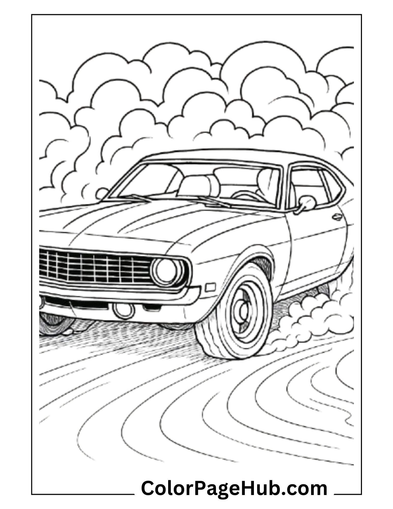 Classic muscle car drifting with smoke clouds in the background — exciting and bold Cars Coloring Page for kids and enthusiasts