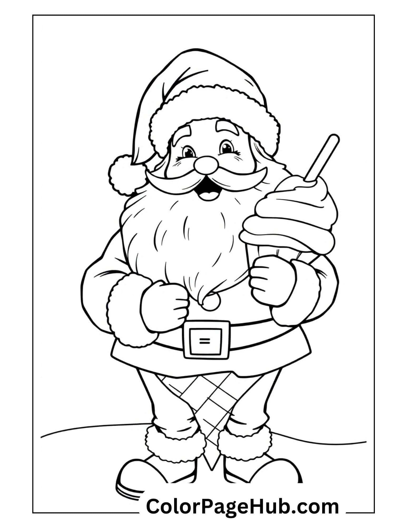 Festive Santa with ice cream coloring page featuring jolly St. Nick holding a soft serve cone, perfect for holiday-themed dessert fun.