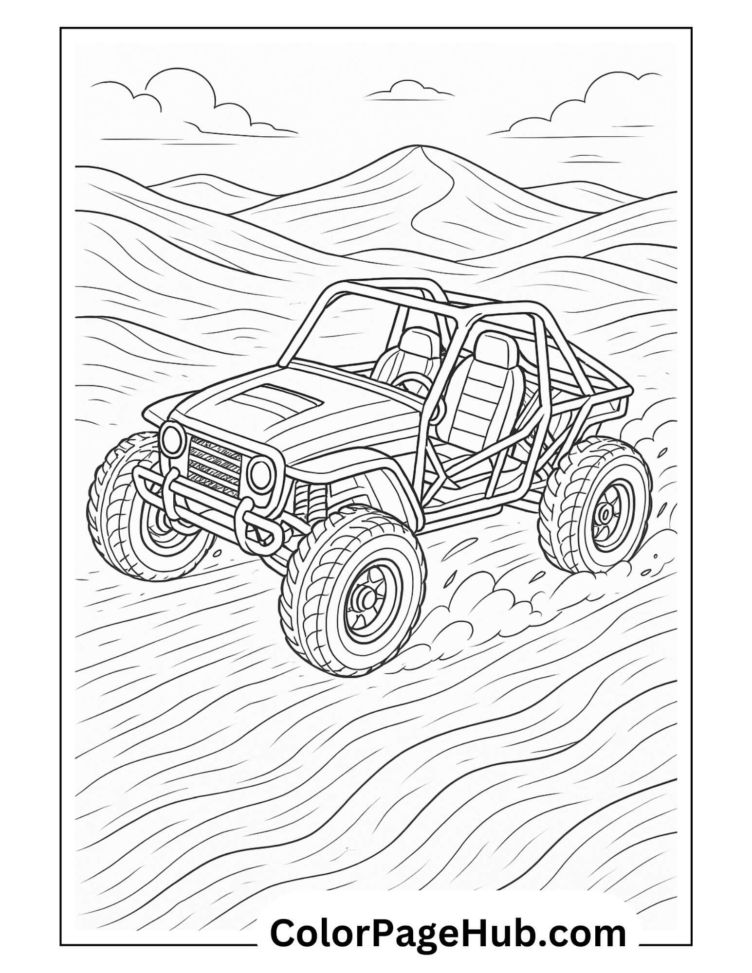 Off-road buggy driving through desert hills with rugged tires and mountains in the background – fun adventure cars coloring page