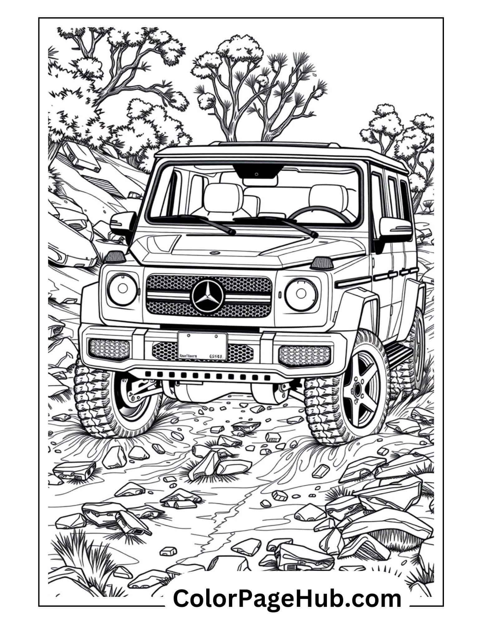 Mercedes G-Class traversing rocky off-road terrain with detailed suspension and rugged tires - luxury SUV cars coloring page for 4x4 enthusiasts
