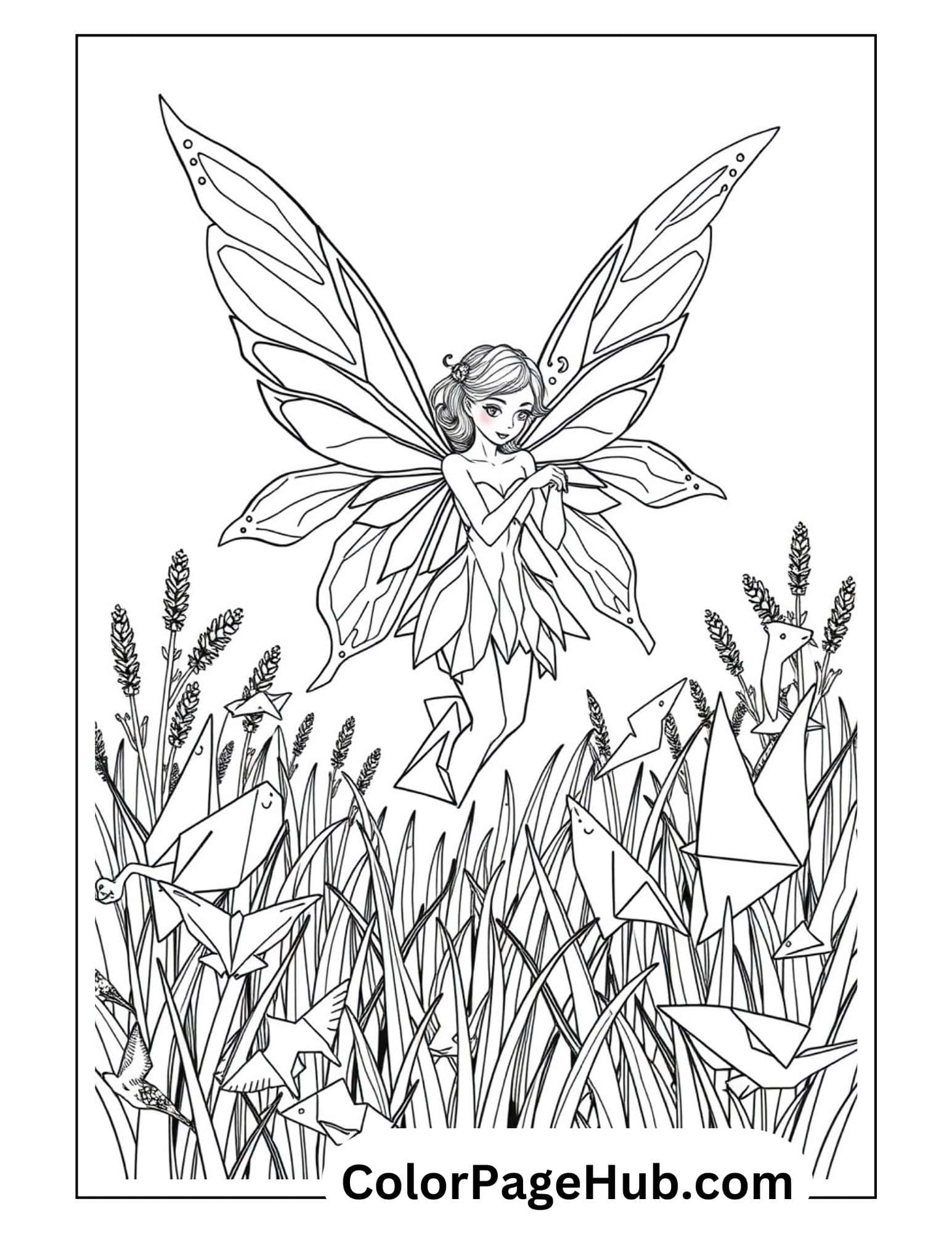 Fairy Coloring Page featuring a graceful fairy with large wings flying above tall grass and origami birds in a magical meadow