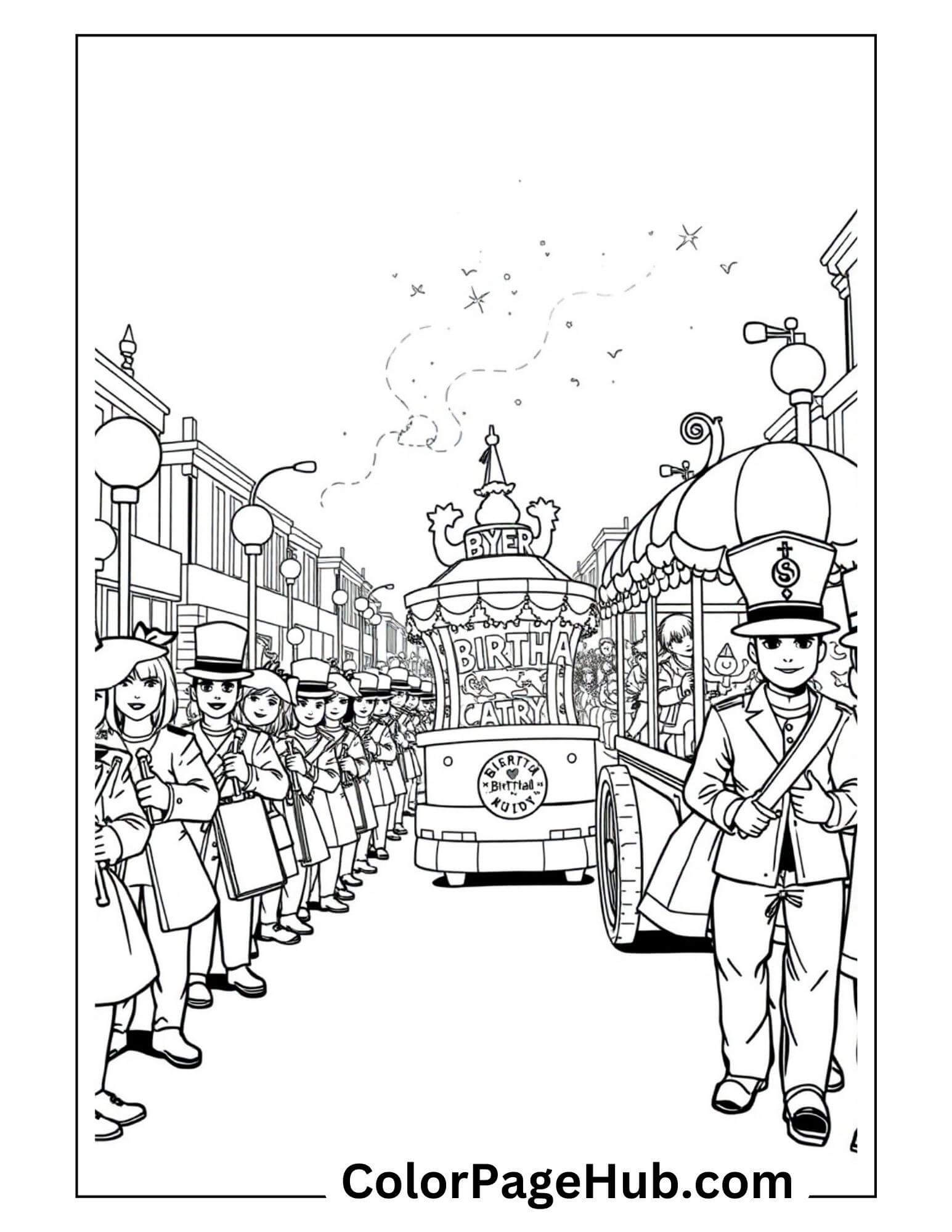A black and white illustration captures a festive parade down a bustling city street. Crowds line the sidewalks as a float, adorned with Happy Birthday Coloring Pages, glides by. Leading the procession, a marching band member waves their baton with flair.
