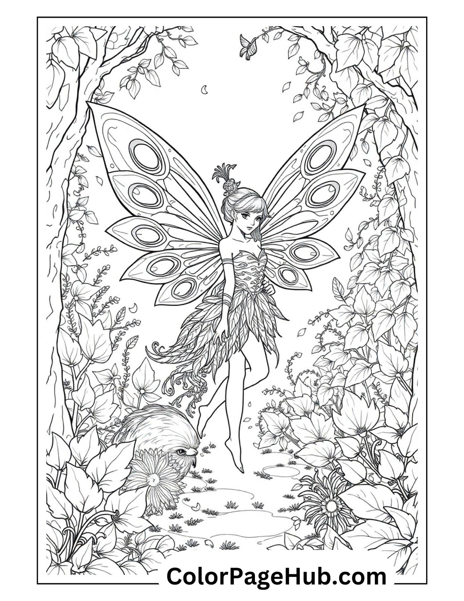 Detailed fairy coloring page with peacock-winged fairy in leaf dress standing beside hedgehog friend amid lush forest flowers and ivy-covered trees