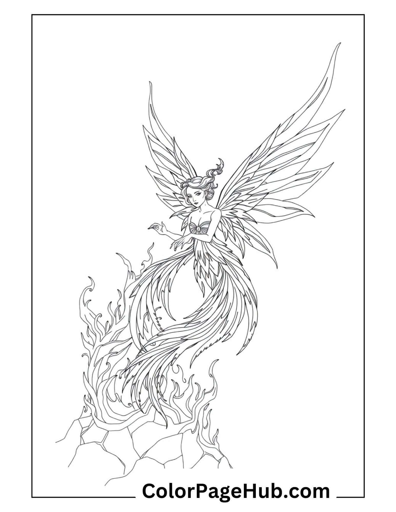 Fairy Coloring Page featuring a graceful fairy with flowing hair and intricate wings, perfect for creative fun
