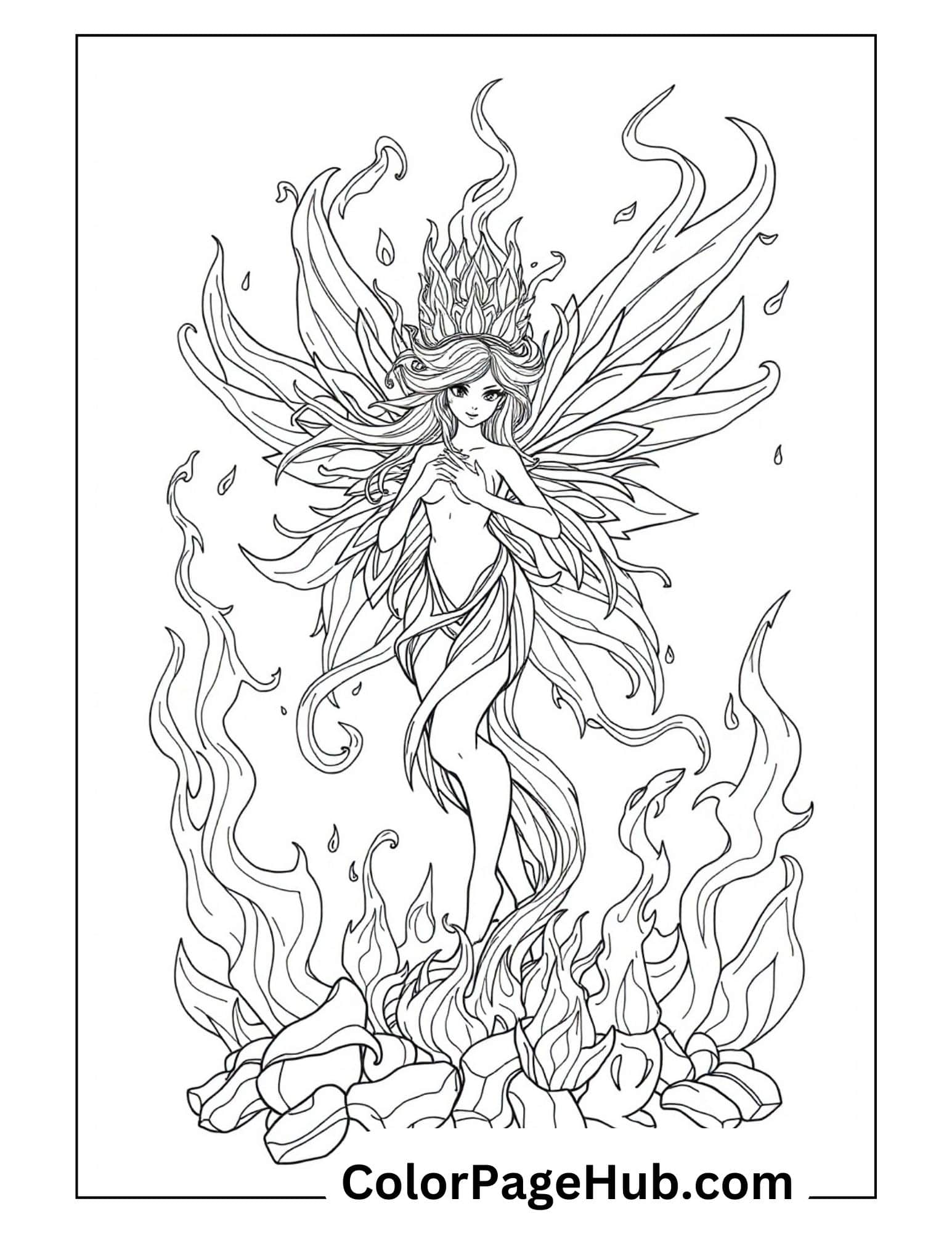 Elemental fire fairy coloring page featuring a mystical winged fairy emerging from flames with flowing hair and intricate wings, perfect for fantasy art enthusiasts