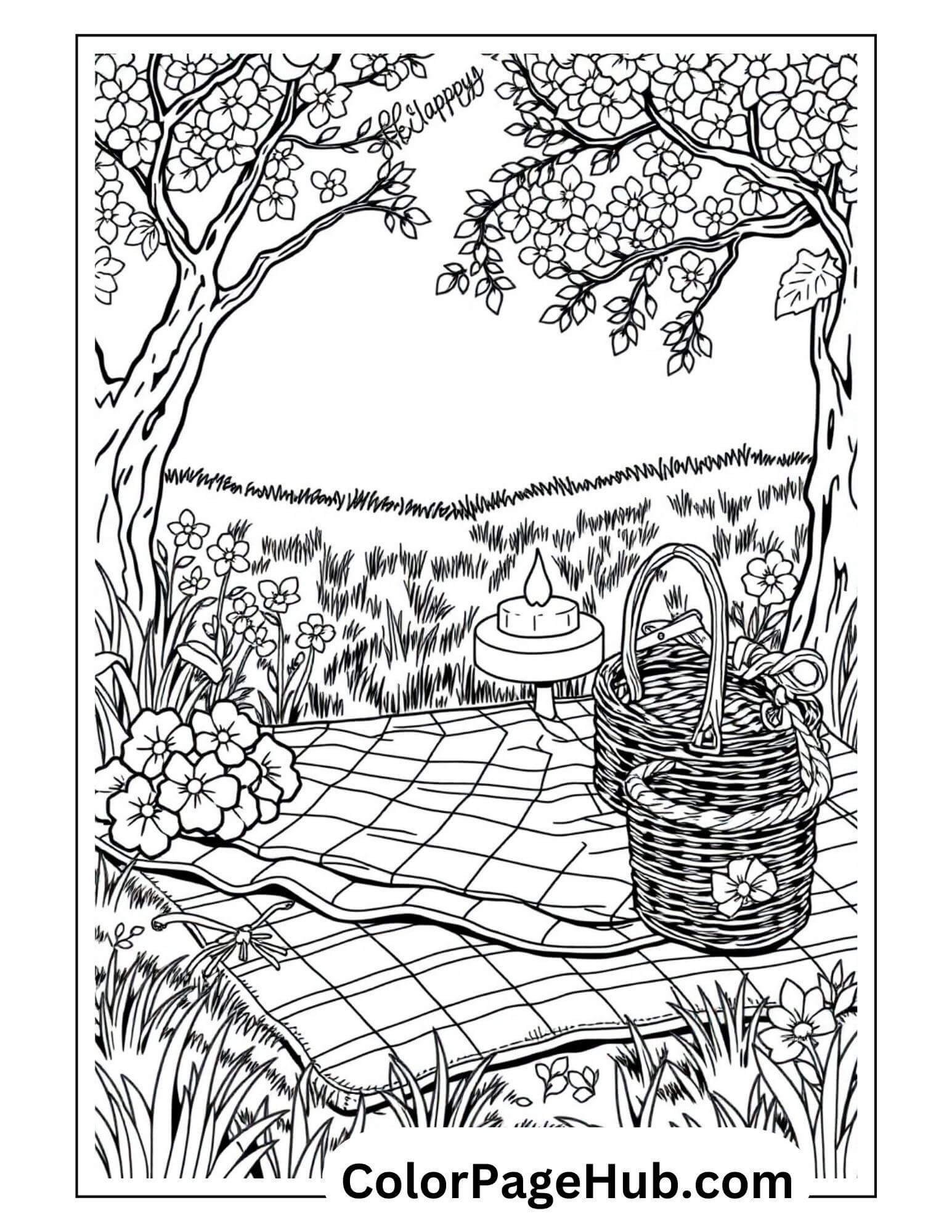 Illustration of a picnic scene featuring a checkered blanket, basket, and teacup beneath two blossoming trees. Flowers and grass surround a Be Happy sign hanging from a branch, creating the perfect backdrop for Happy Birthday coloring pages.