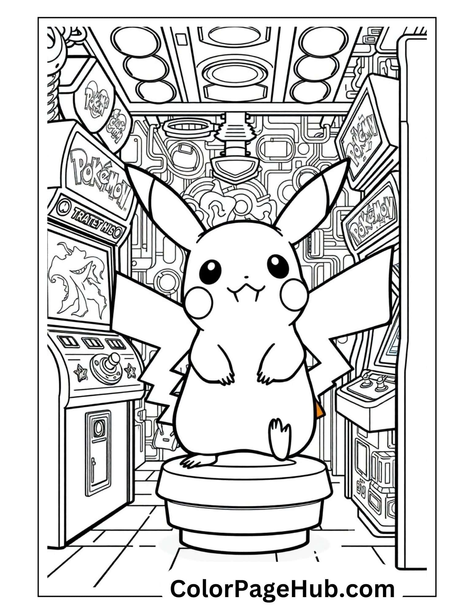 Detailed Pikachu coloring pages featuring the Pokemon mascot standing on a pedestal in an arcade setting with gaming machines in background