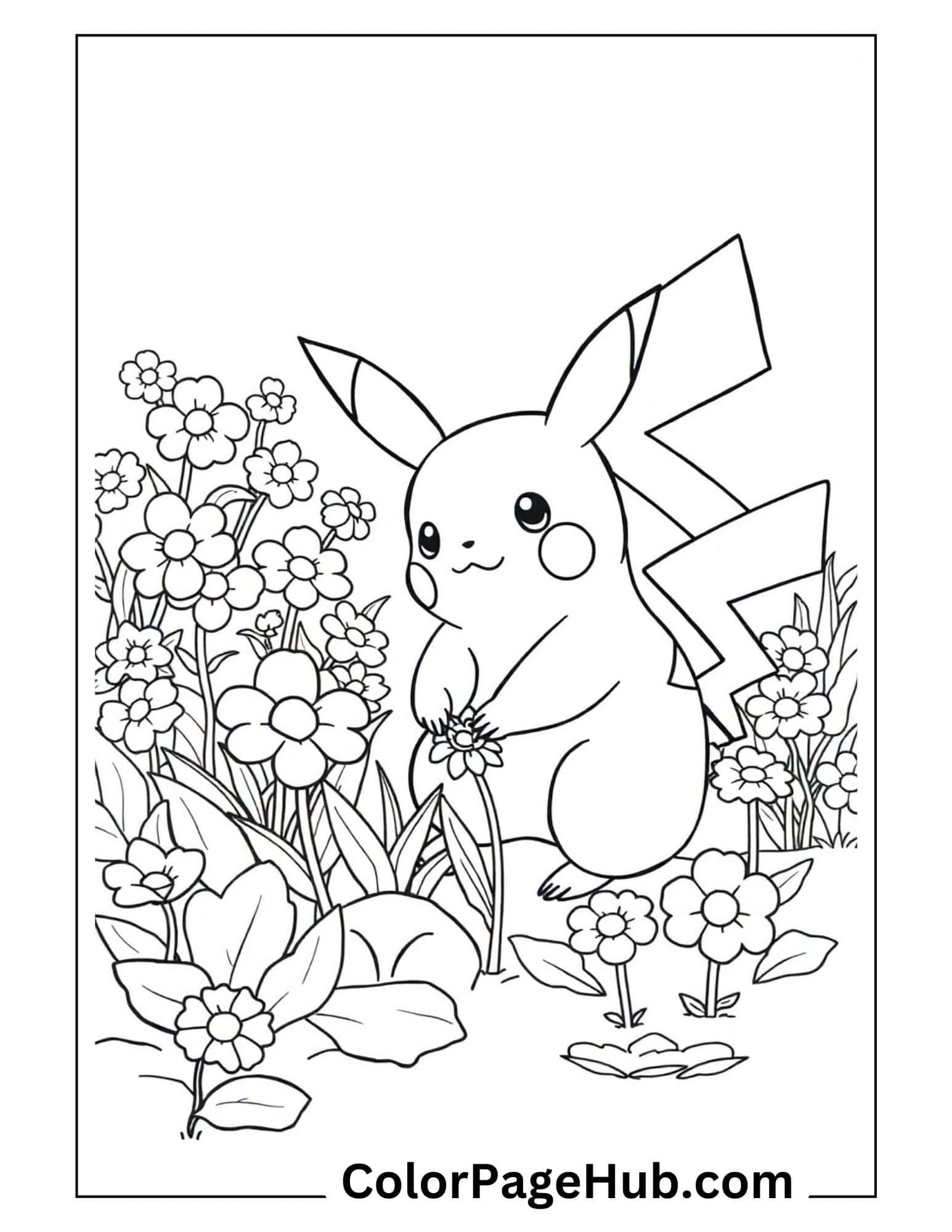 Spring-themed Pikachu coloring pages featuring the beloved Pokemon character sitting in a flower garden holding a daisy with floral surroundings