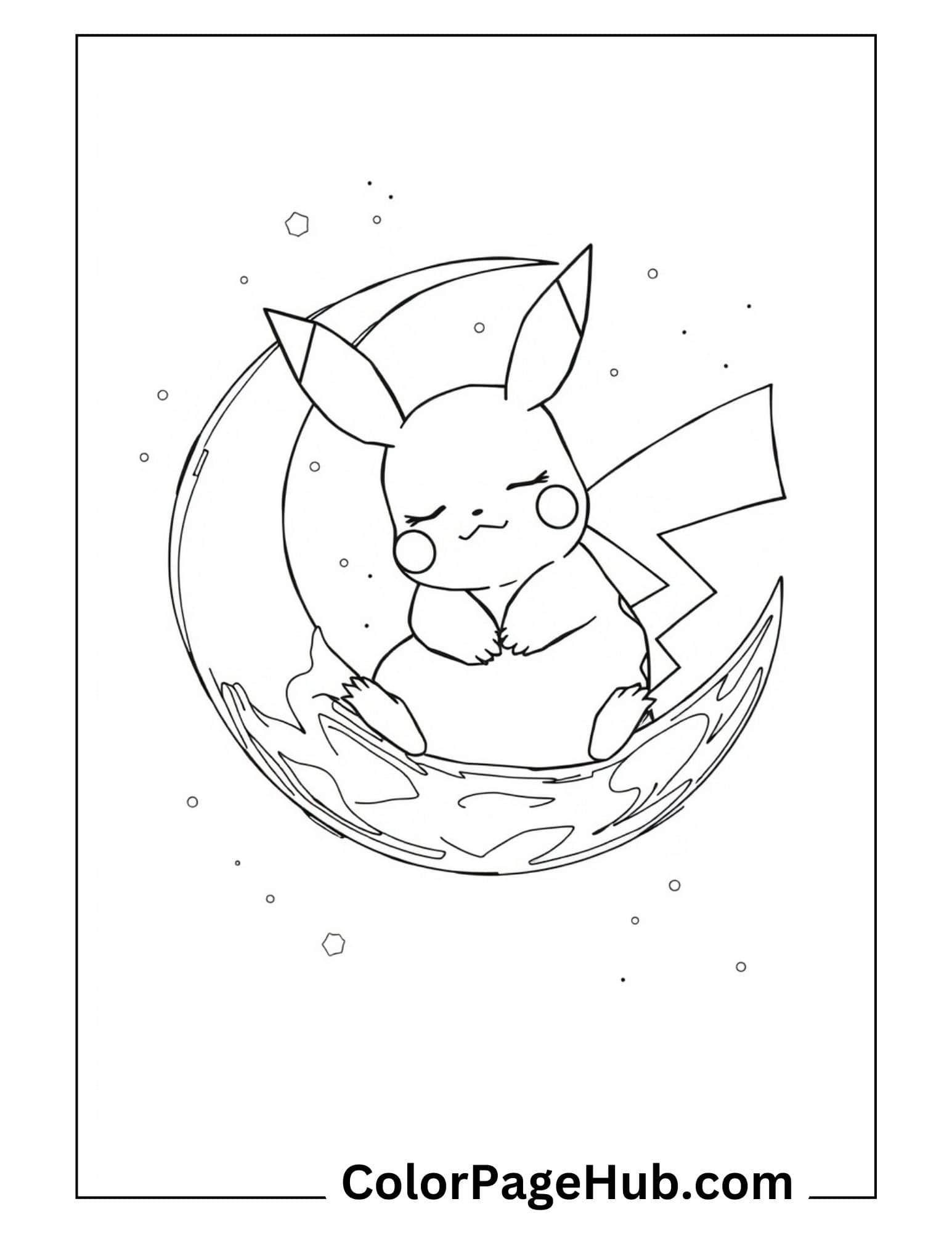 Sleeping Pikachu coloring pages featuring the adorable Pokemon resting on a crescent moon surrounded by stars in a peaceful night sky setting
