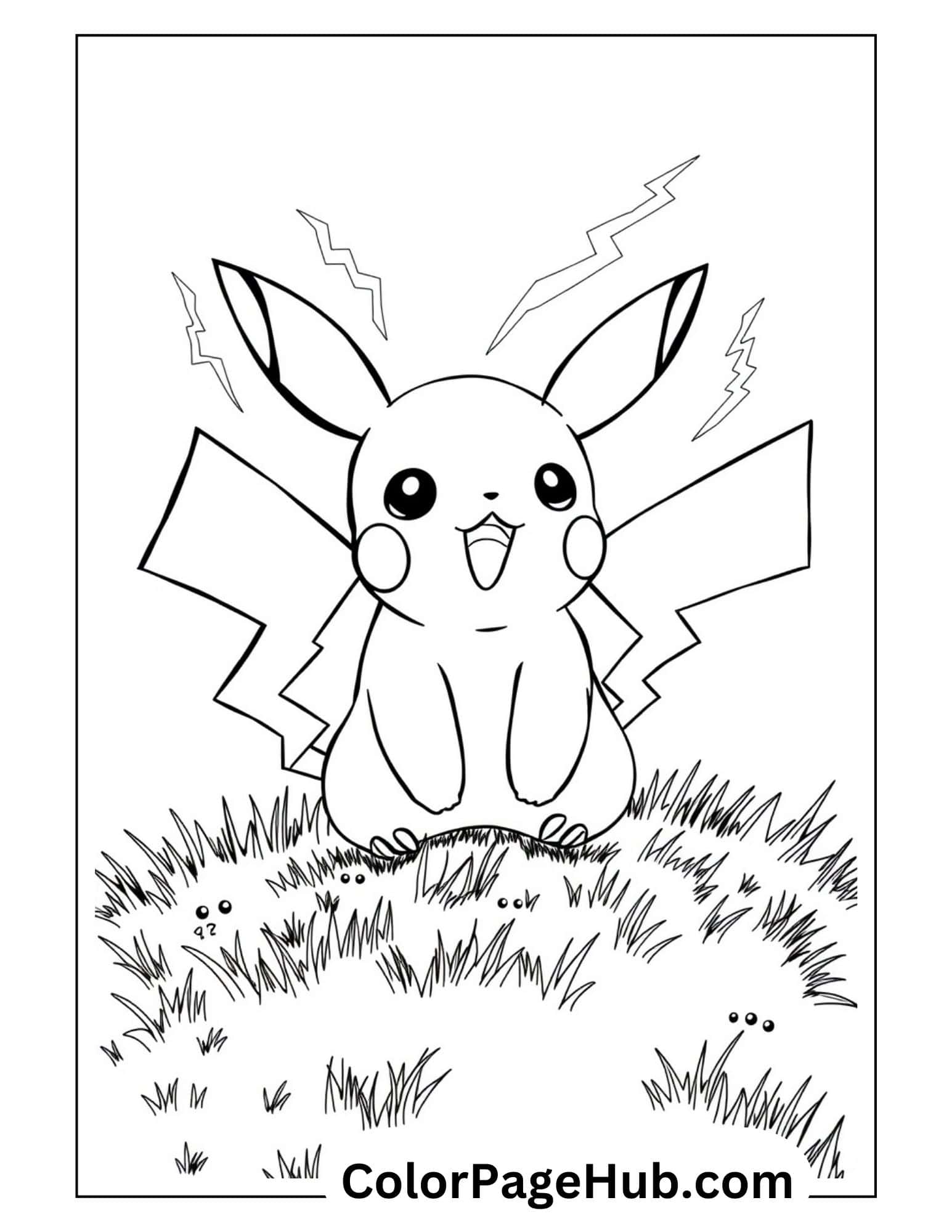 Cheerful Pikachu coloring page with electric sparks sitting on grassy field, perfect for Pokemon fans to print and color at home