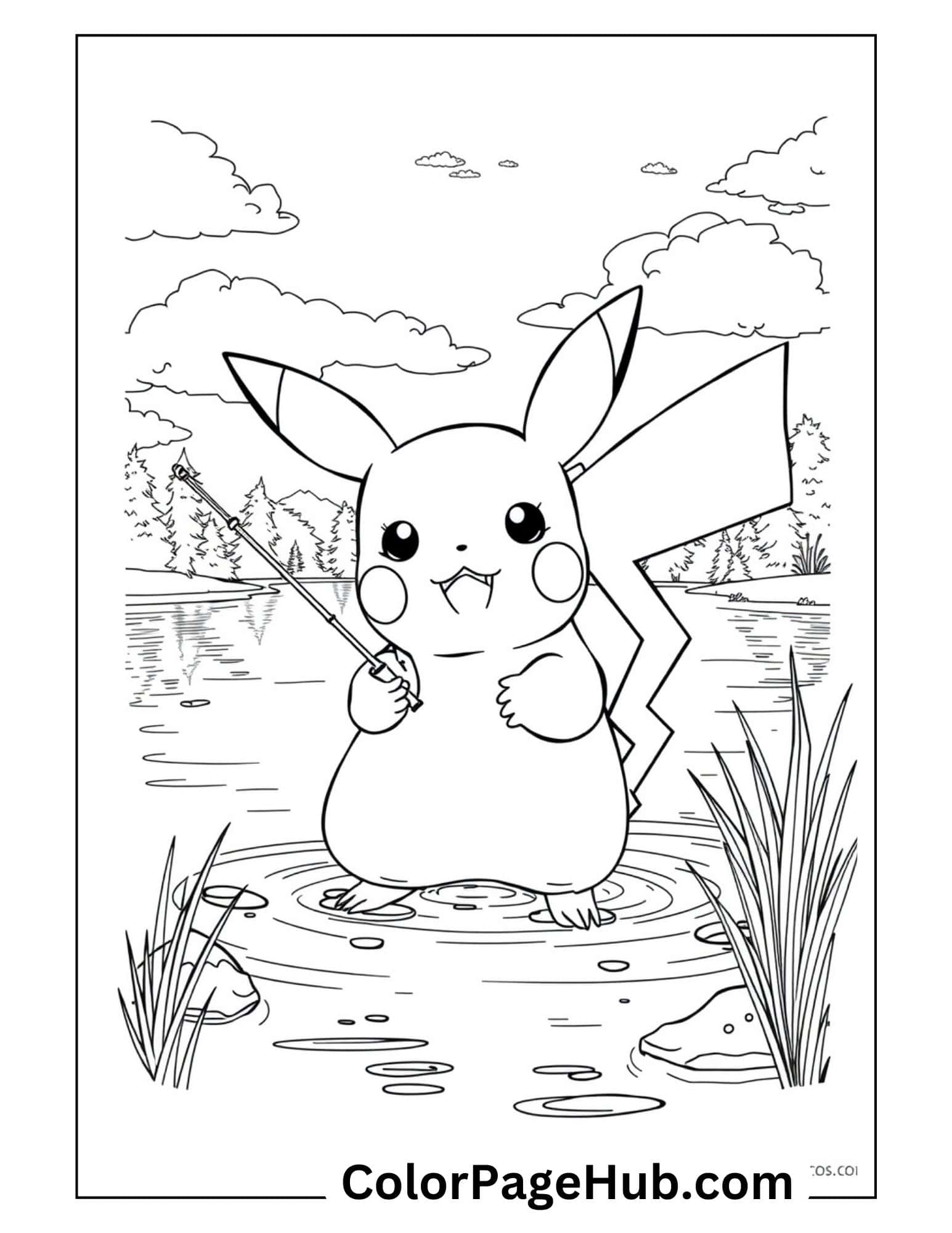 Fishing Pikachu coloring page featuring the Pokemon character standing in a pond with fishing rod amid nature landscape - Pikachu coloring pages