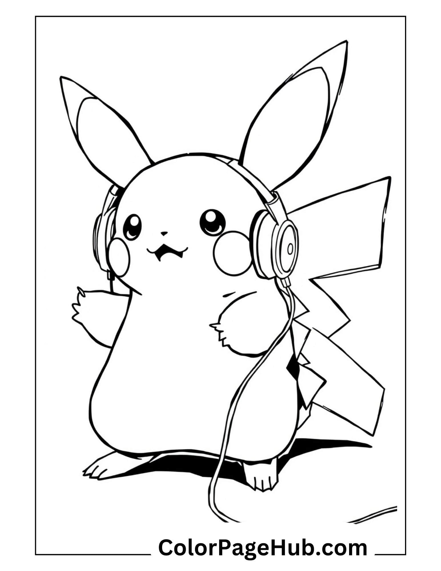 Cute Pikachu coloring pages with headphones, featuring the popular Pokemon listening to music with a happy expression, perfect for music-loving fans