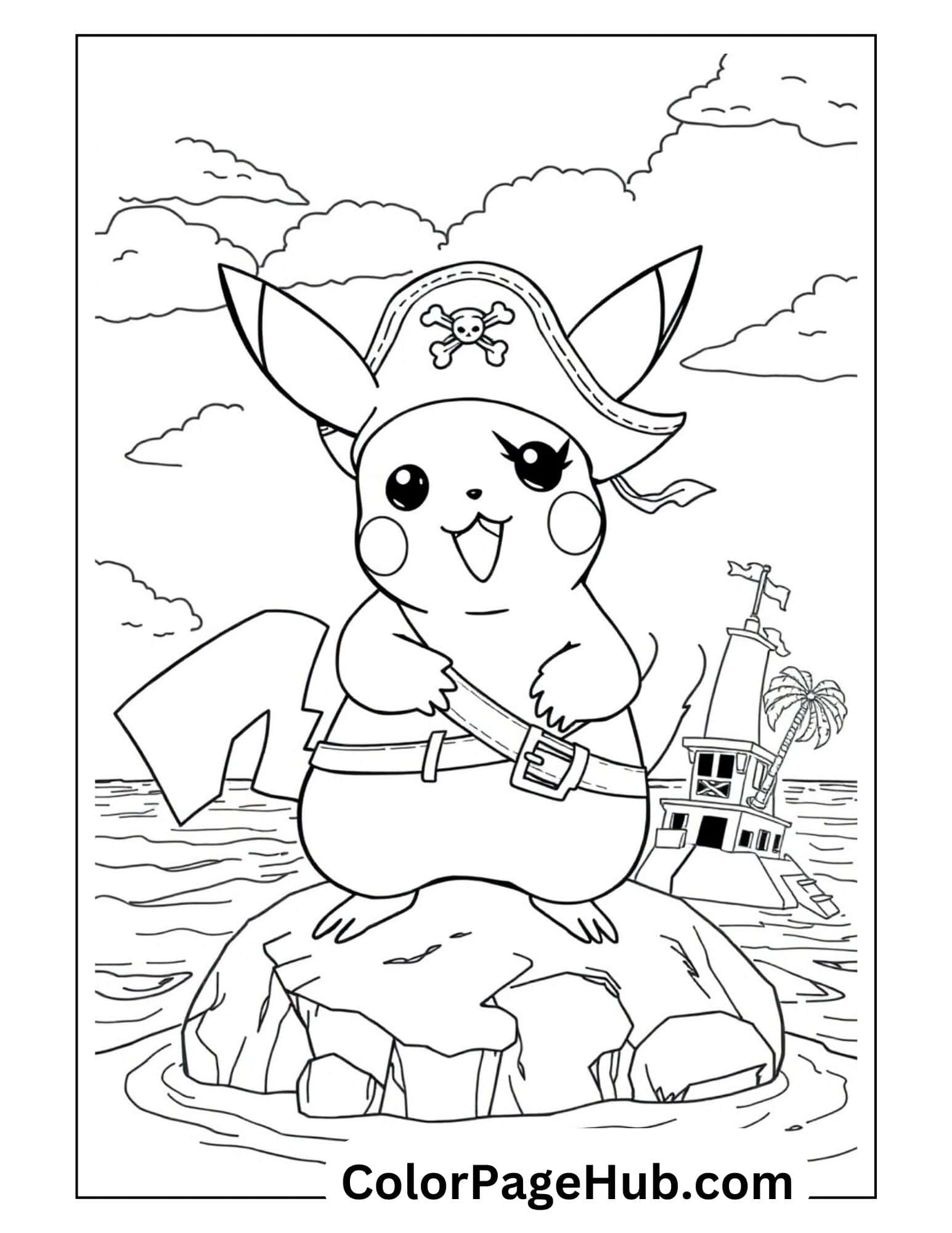 Pirate Pikachu coloring pages featuring the Pokemon character dressed as a buccaneer with hat and belt, standing on a rock with lighthouse background