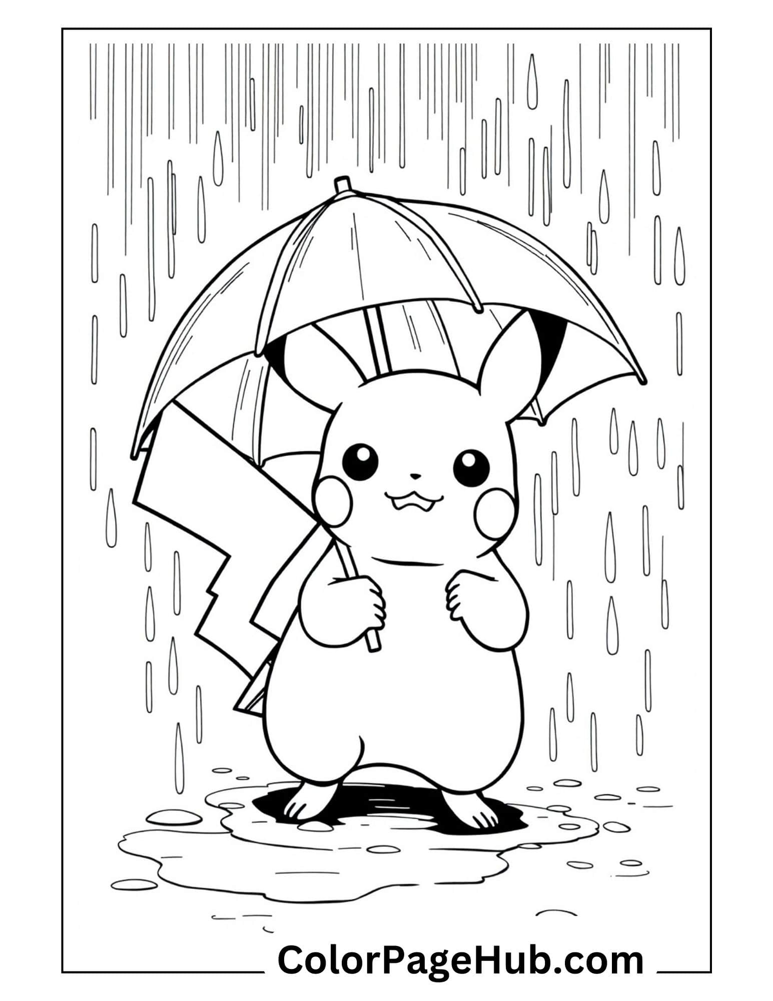 Adorable Pikachu coloring pages featuring Pokemon's mascot holding an umbrella in the rain, standing in a puddle with raindrops falling