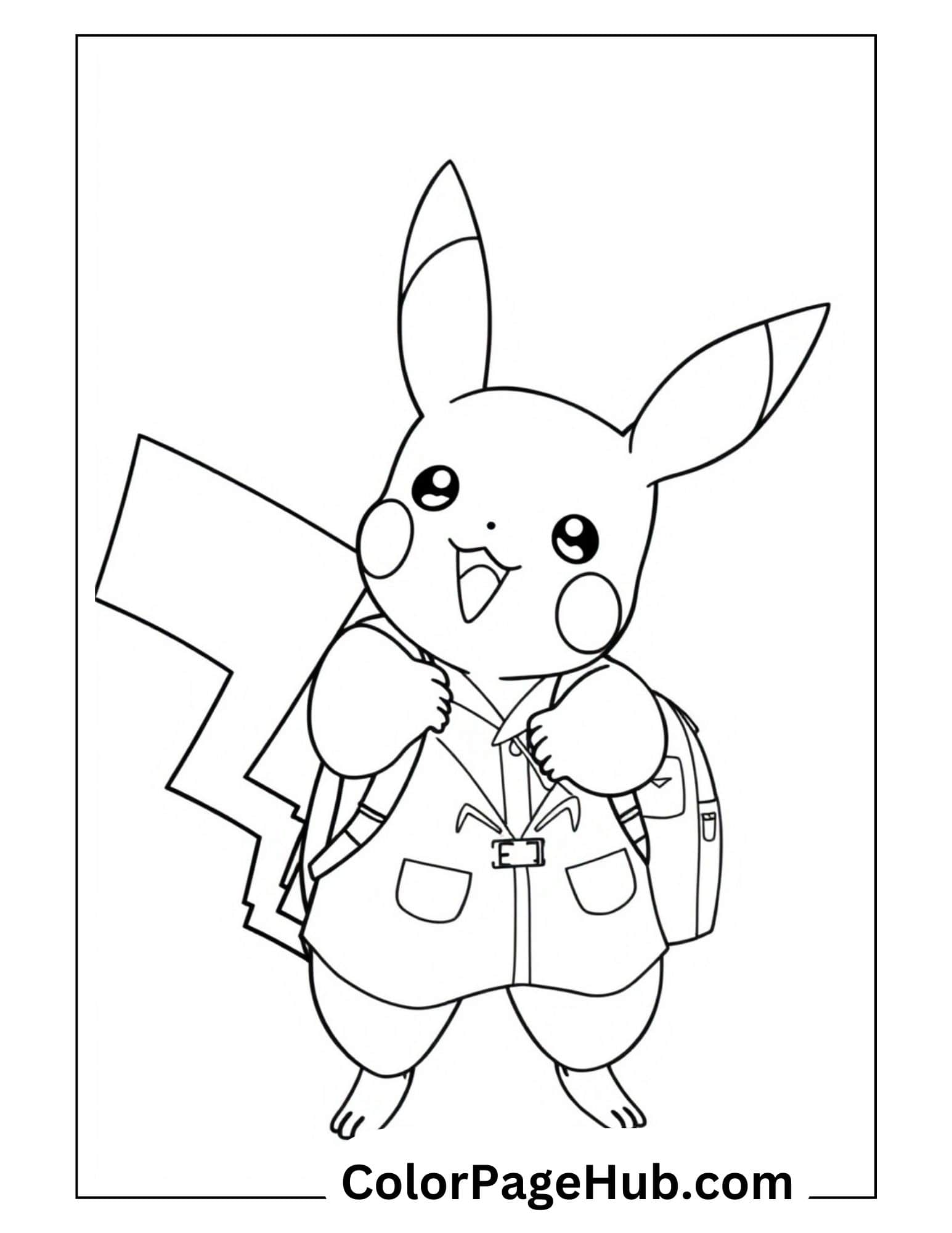 School-themed Pikachu coloring pages with the Pokemon character wearing a backpack and jacket, ready for class - fun activity for kids