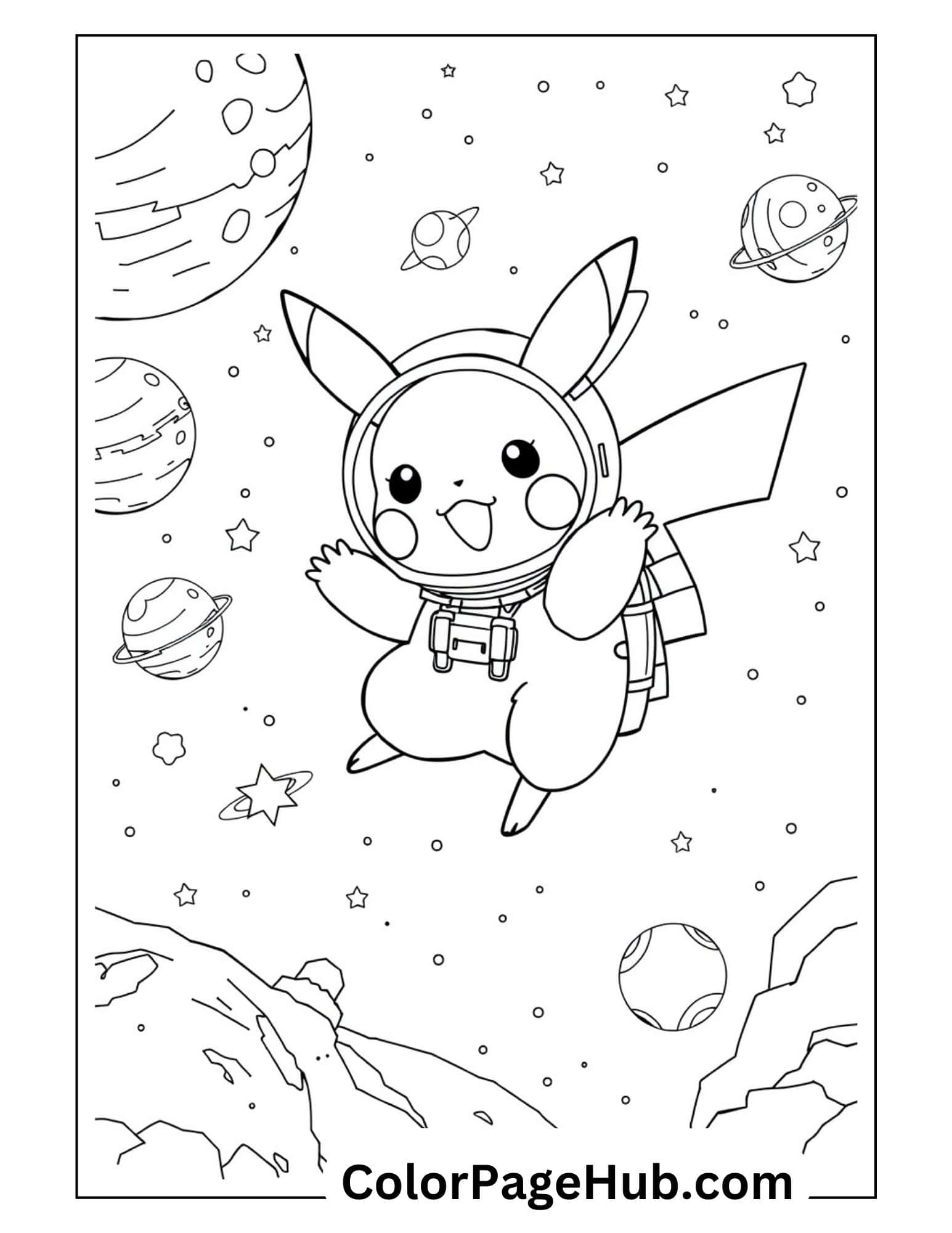 Astronaut Pikachu coloring page featuring the Pokemon character floating in space with planets and stars - fun Pikachu coloring pages for kids