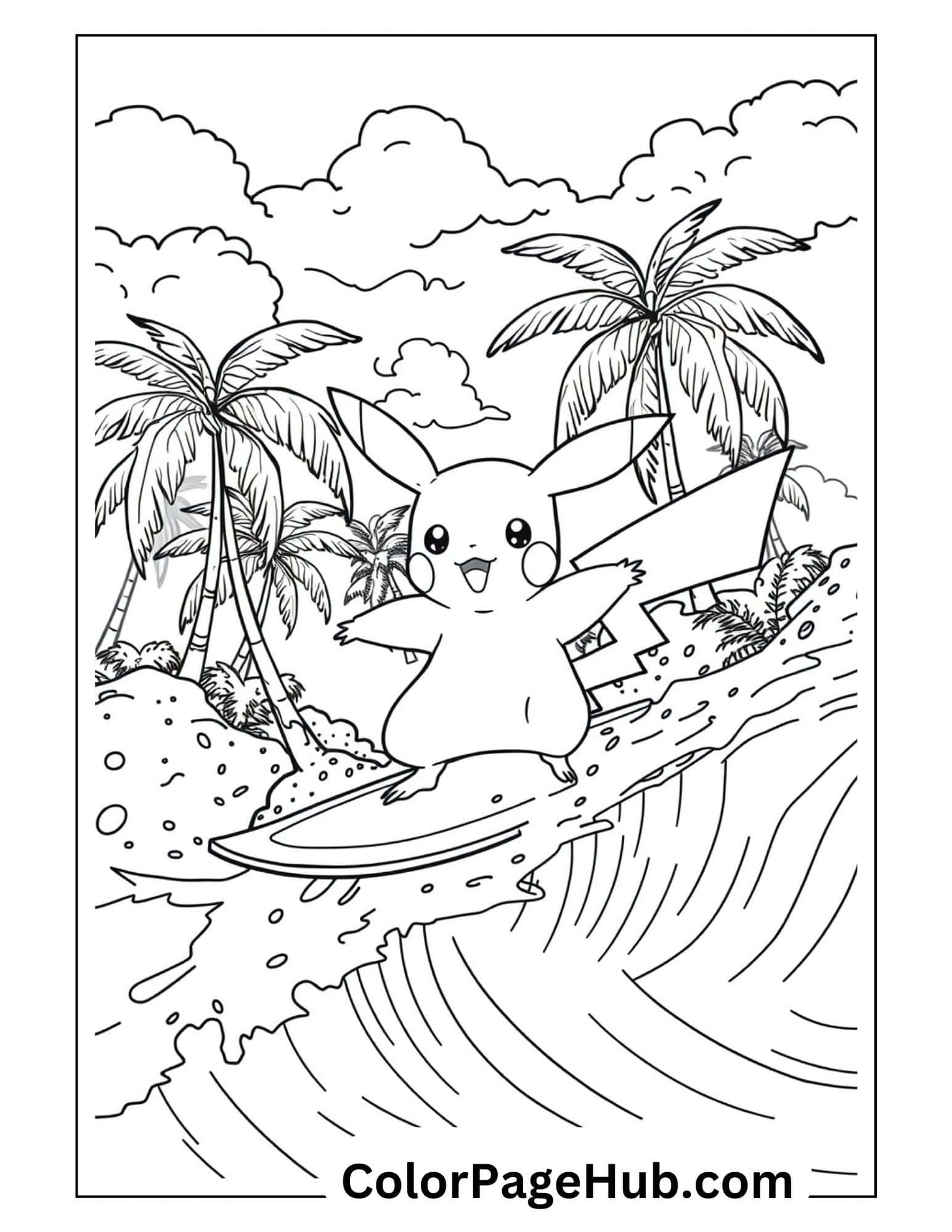 Surfing Pikachu coloring page featuring the Pokemon character riding waves on a tropical beach with palm trees - fun summer Pikachu coloring pages