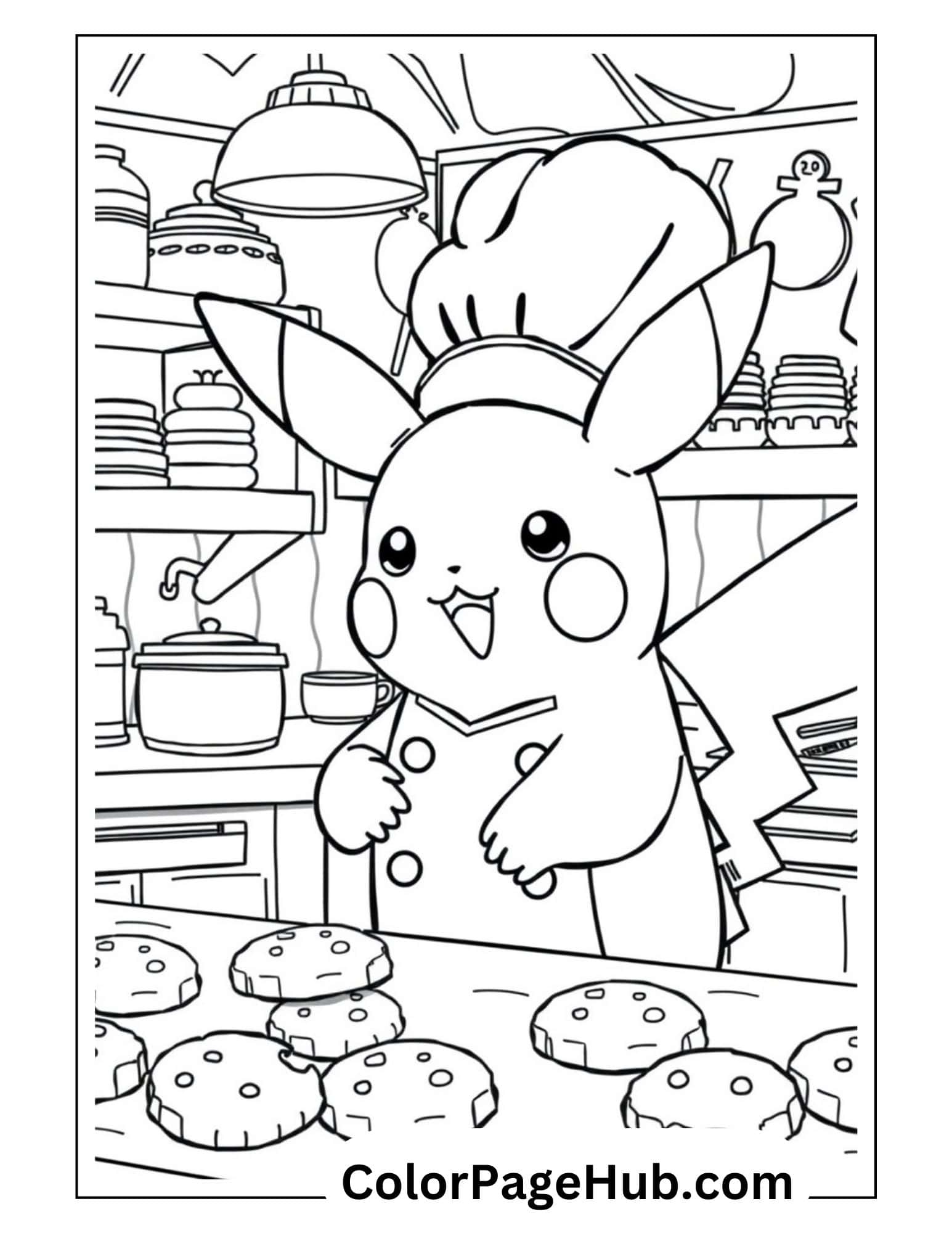 Chef Pikachu coloring pages featuring the adorable Pokemon character baking cookies in a kitchen, wearing a chef hat and apron while smiling happily