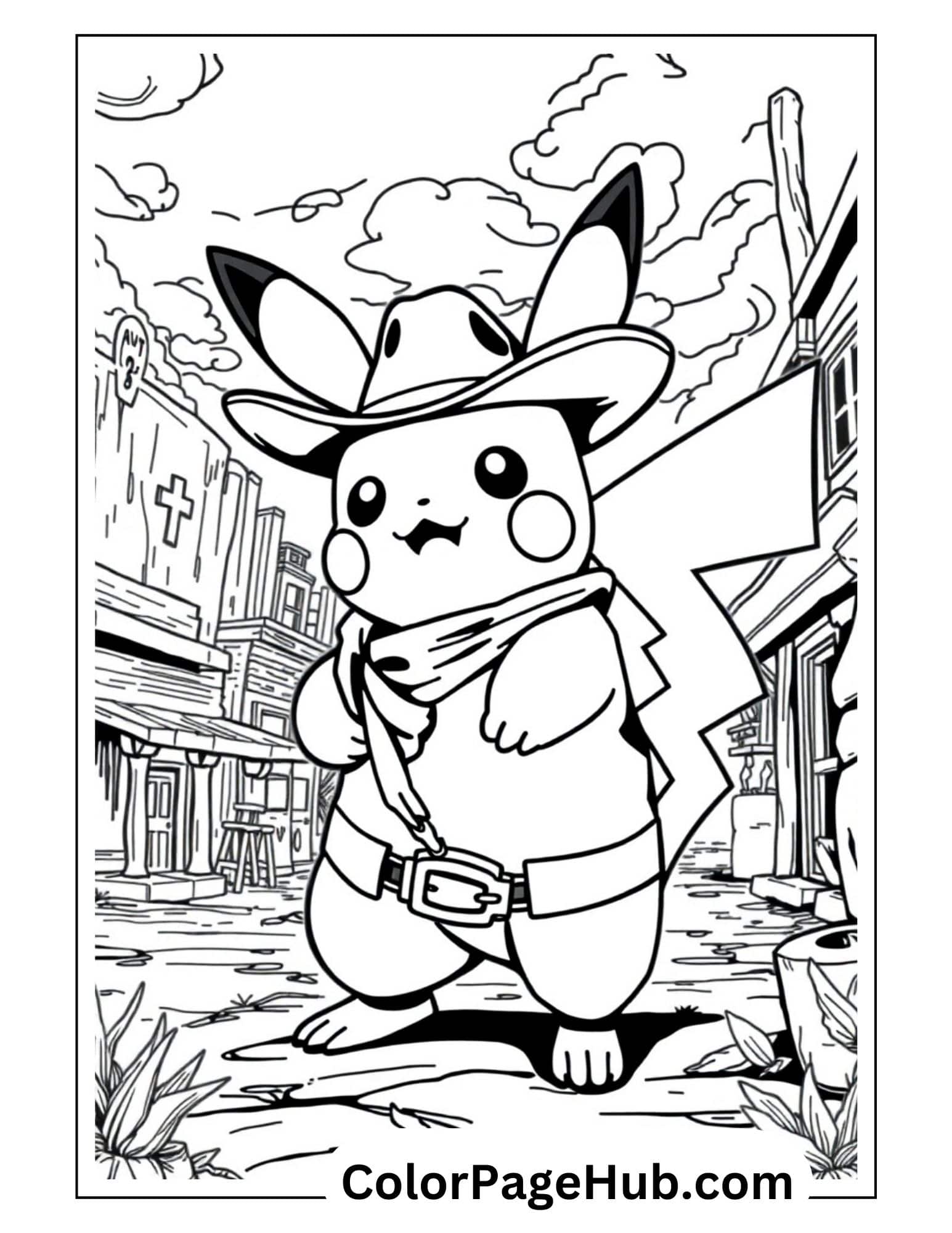 Western-themed Pikachu coloring pages featuring the Pokémon dressed as a cowboy with hat, bandana and belt in an old Wild West town setting.