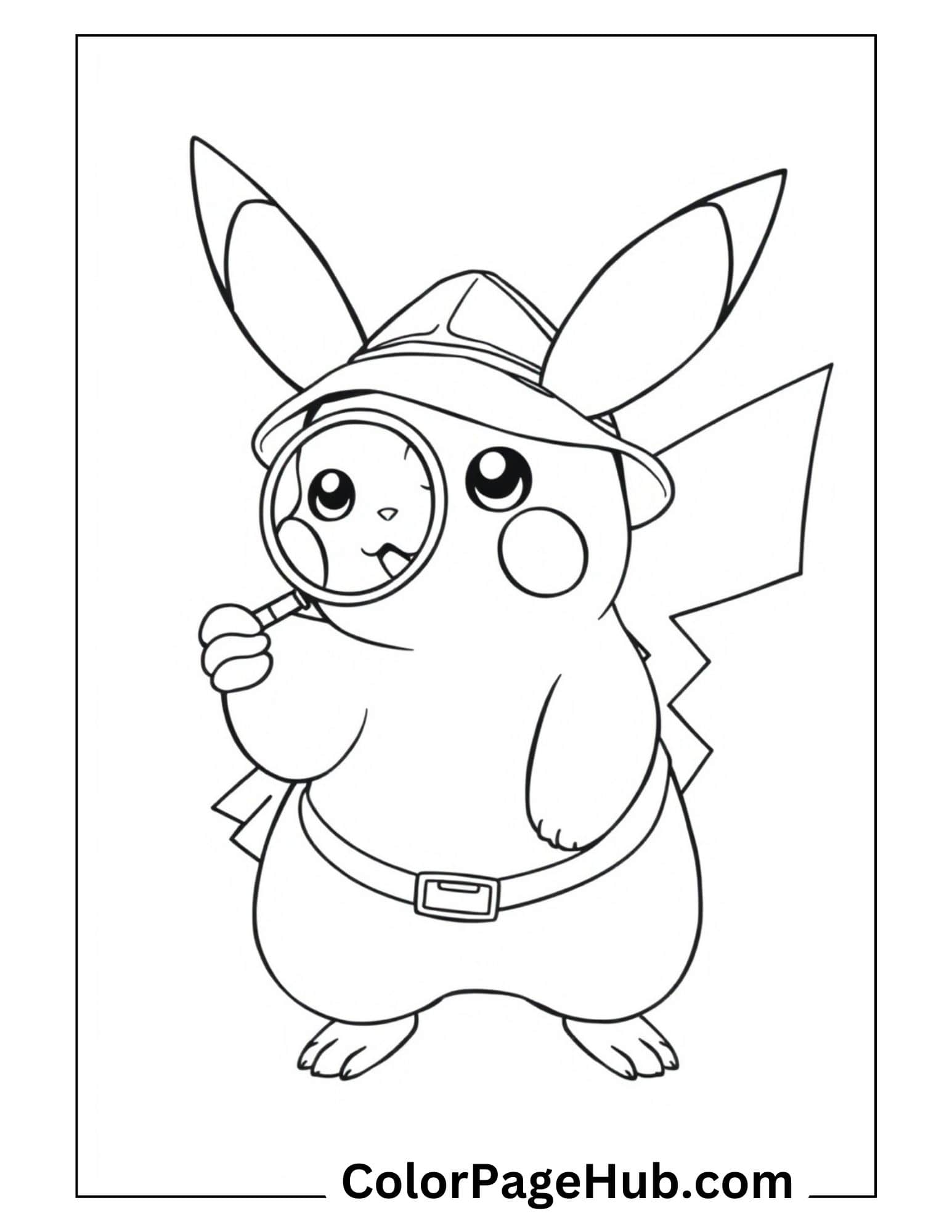 Detective Pikachu coloring pages featuring the Pokemon character wearing a hat and holding a magnifying glass, perfect for young sleuths.