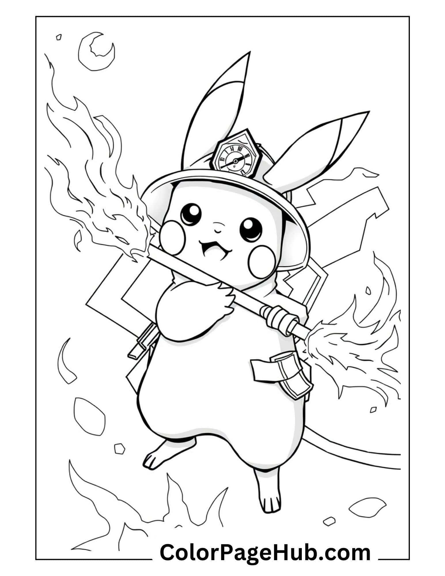 Firefighter Pikachu coloring page with helmet and hose, surrounded by flames and a crescent moon, perfect for Pokémon fans who love adventure themes.