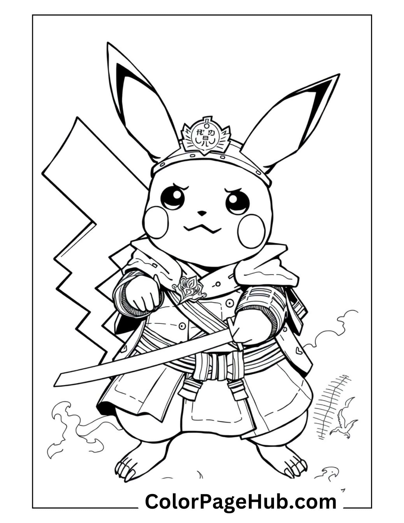 Samurai Pikachu coloring page featuring the Pokemon character in traditional warrior outfit with sword and headband - Pikachu coloring pages for kids