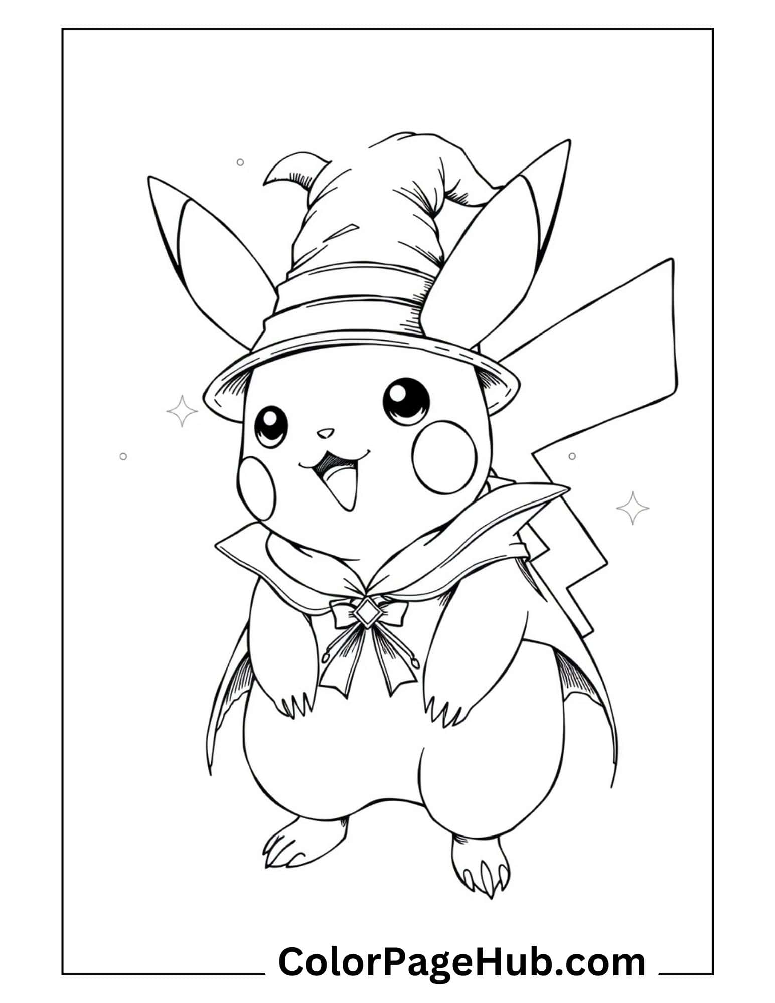 Magical wizard Pikachu coloring page featuring the Pokémon wearing a pointed hat and cape with decorative bow, surrounded by sparkles.