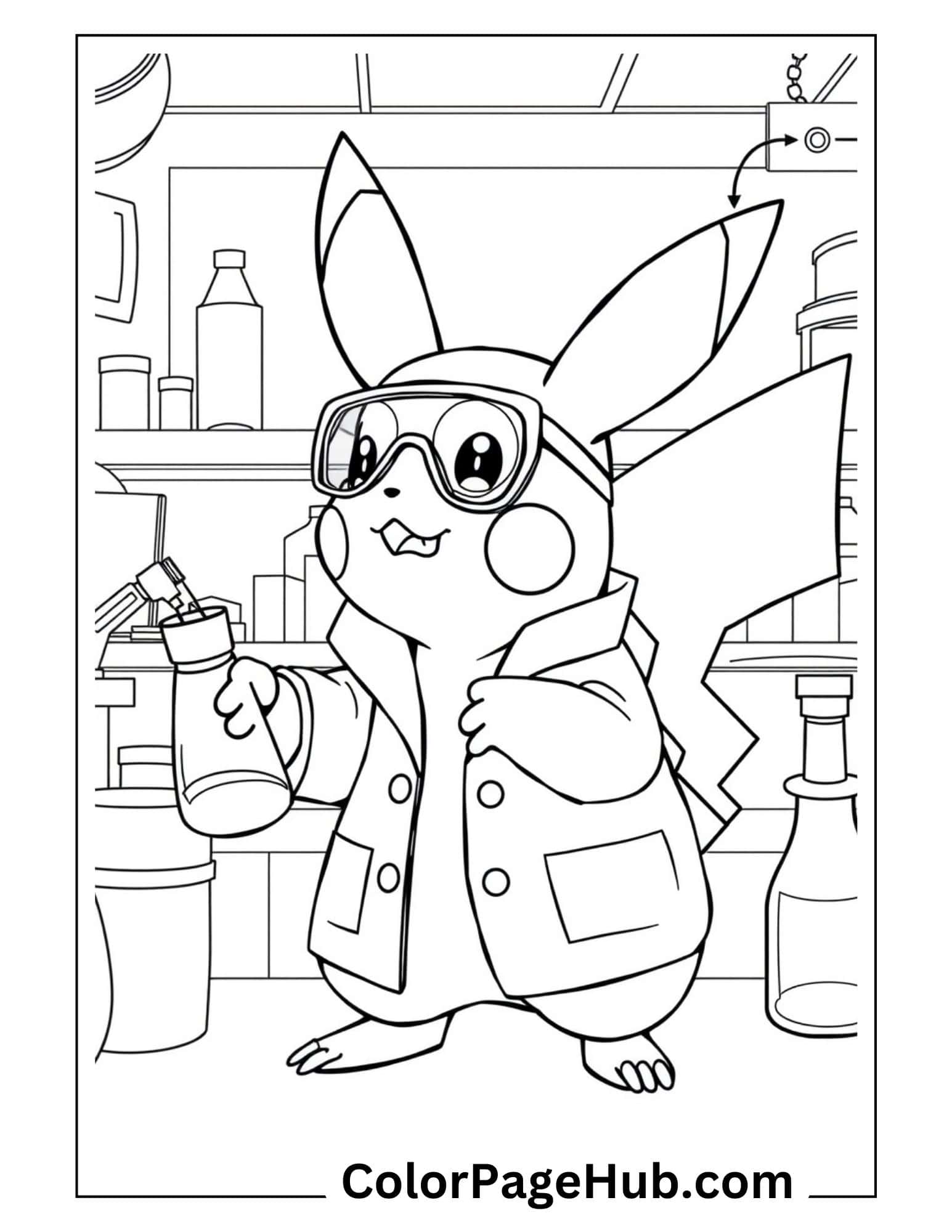 Scientist Pikachu coloring page featuring the Pokémon in a lab coat and goggles holding a potion flask, surrounded by laboratory equipment.