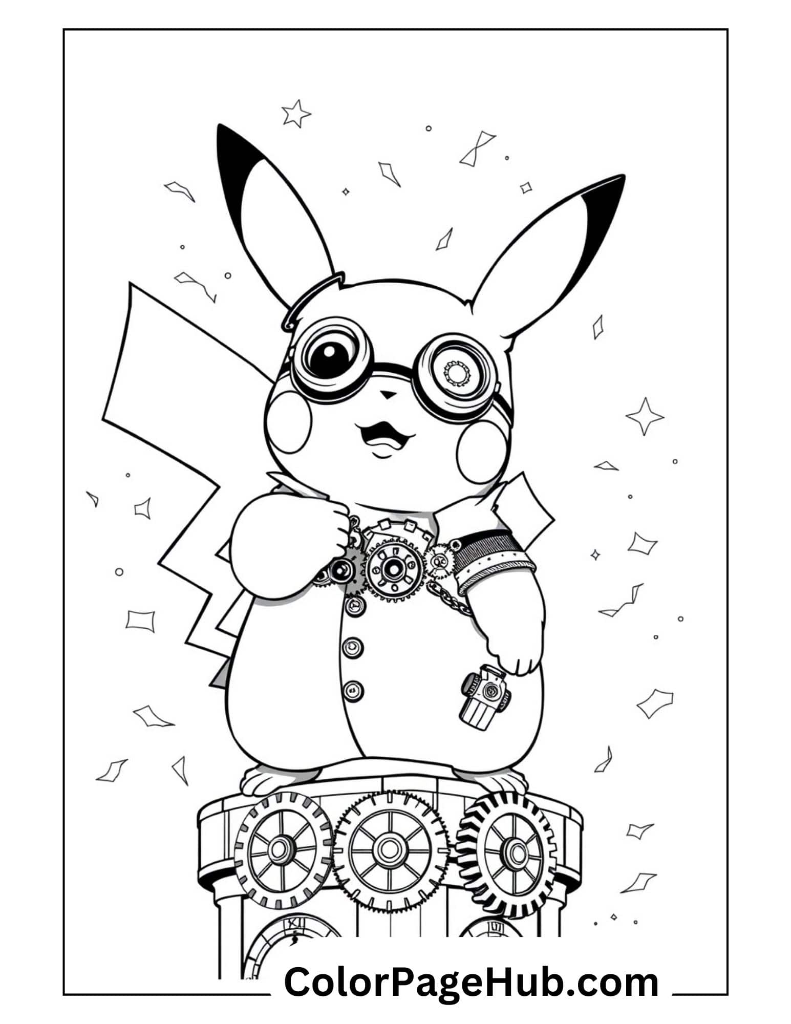 Steampunk Pikachu coloring page with goggles, mechanical gears and Victorian-style outfit - creative Pikachu coloring pages for kids