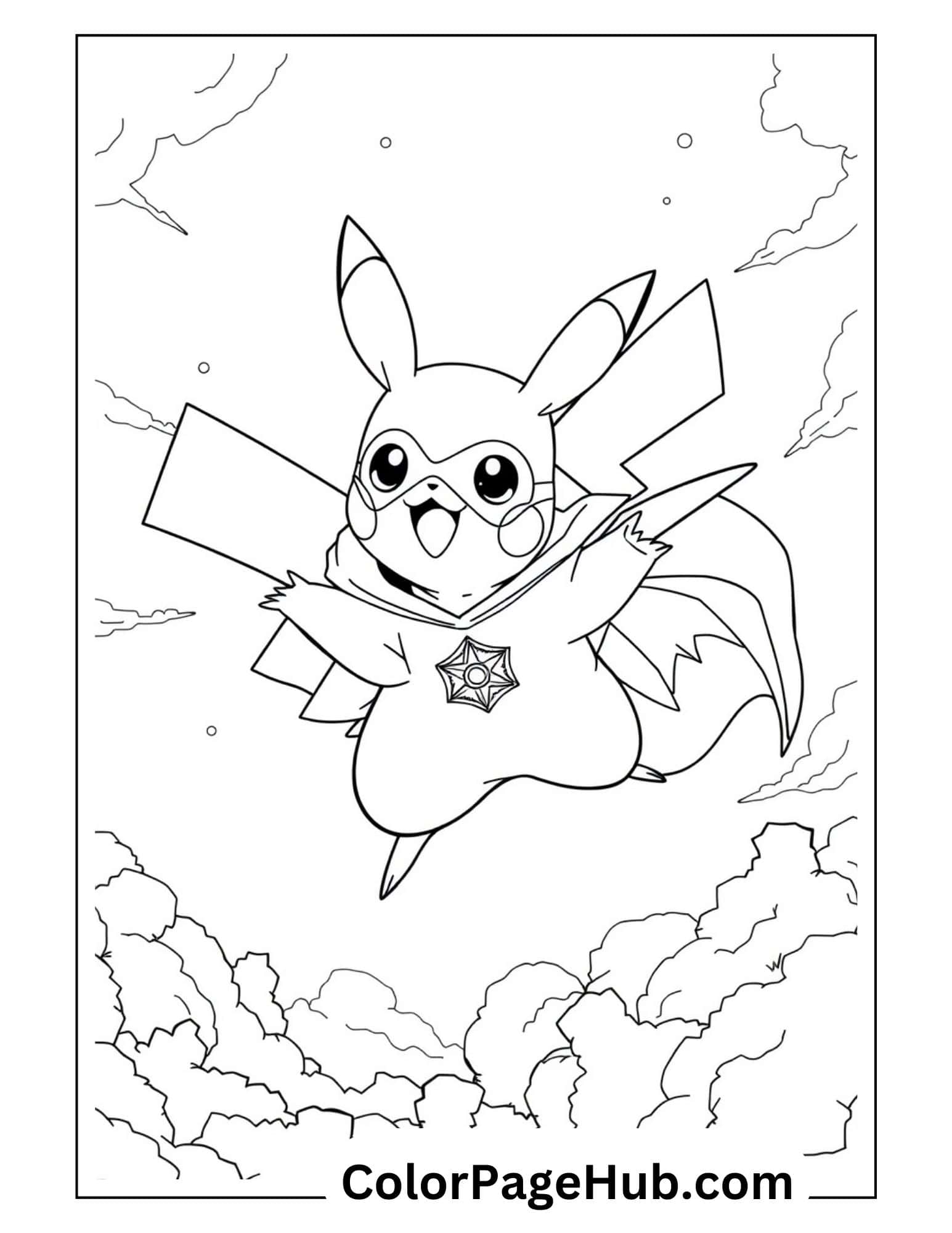 Superhero Pikachu coloring page showing the Pokémon flying through clouds with cape, mask and emblem, perfect for kids who love action-themed Pikachu art.