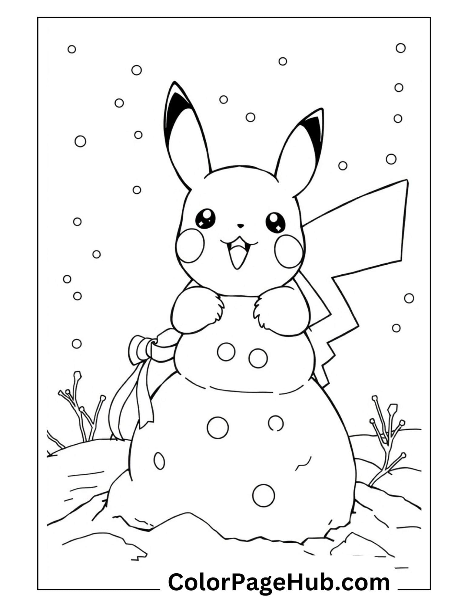 Winter Pikachu coloring pages featuring the Pokemon character peeking from behind a snowman in a snowy scene with falling snowflakes