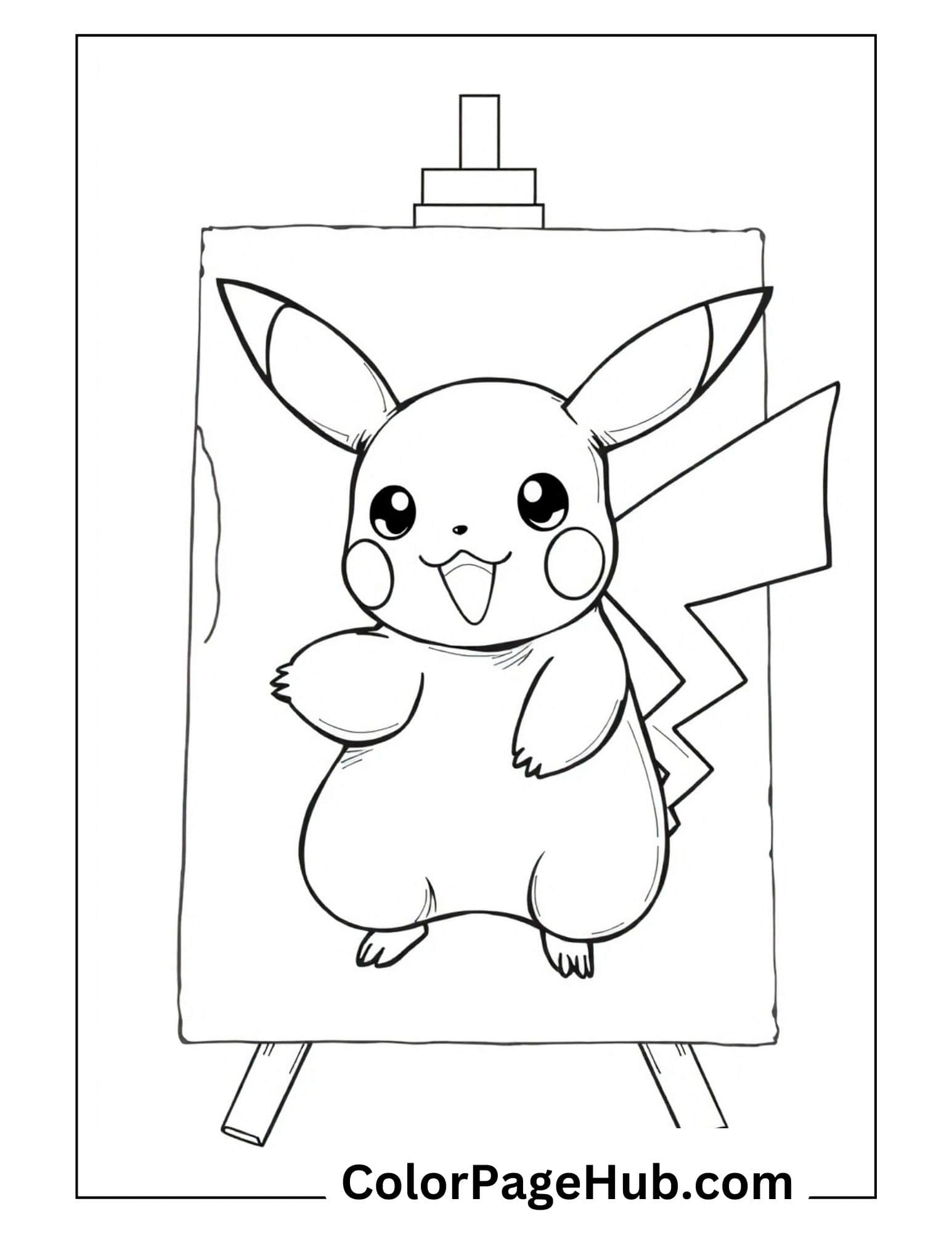 Artistic Pikachu coloring pages featuring the cheerful Pokemon character displayed on an easel canvas, perfect for kids and fans to color.