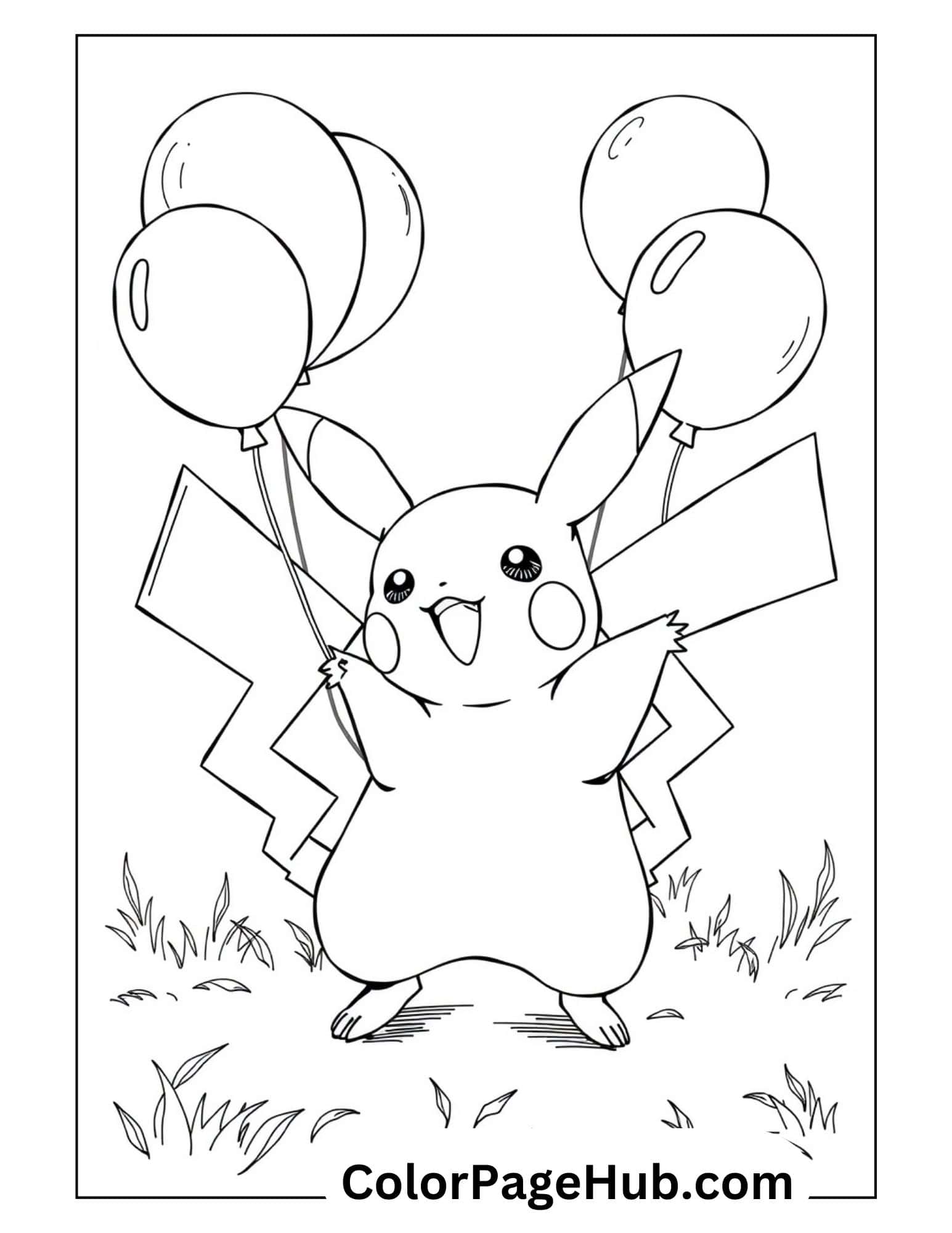 Cheerful Pikachu holding balloons printable coloring page for kids featuring the popular Pokemon character standing in grass - Pikachu coloring pages