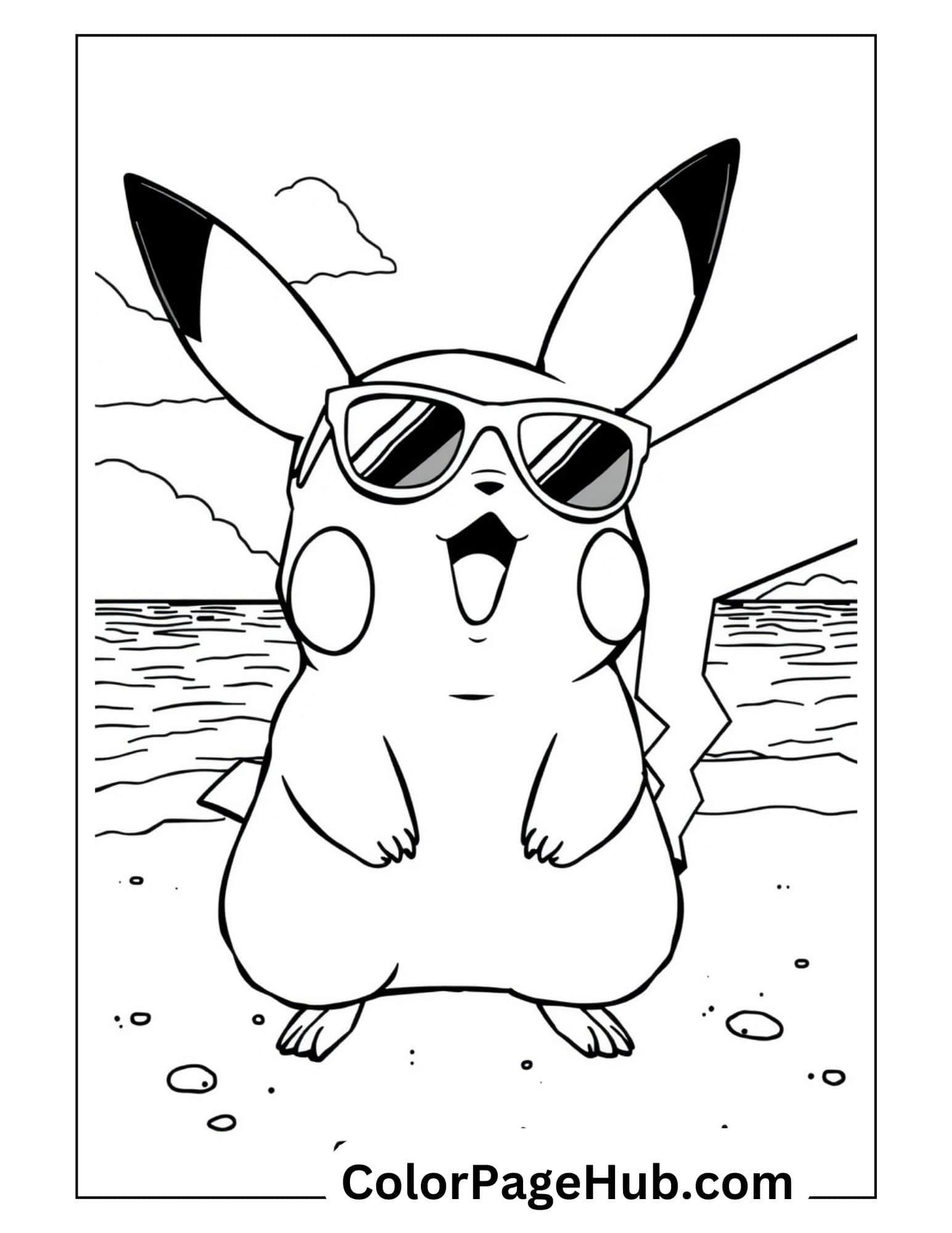 Cool Pikachu coloring pages featuring the Pokemon wearing sunglasses at the beach with ocean waves and sunny sky background