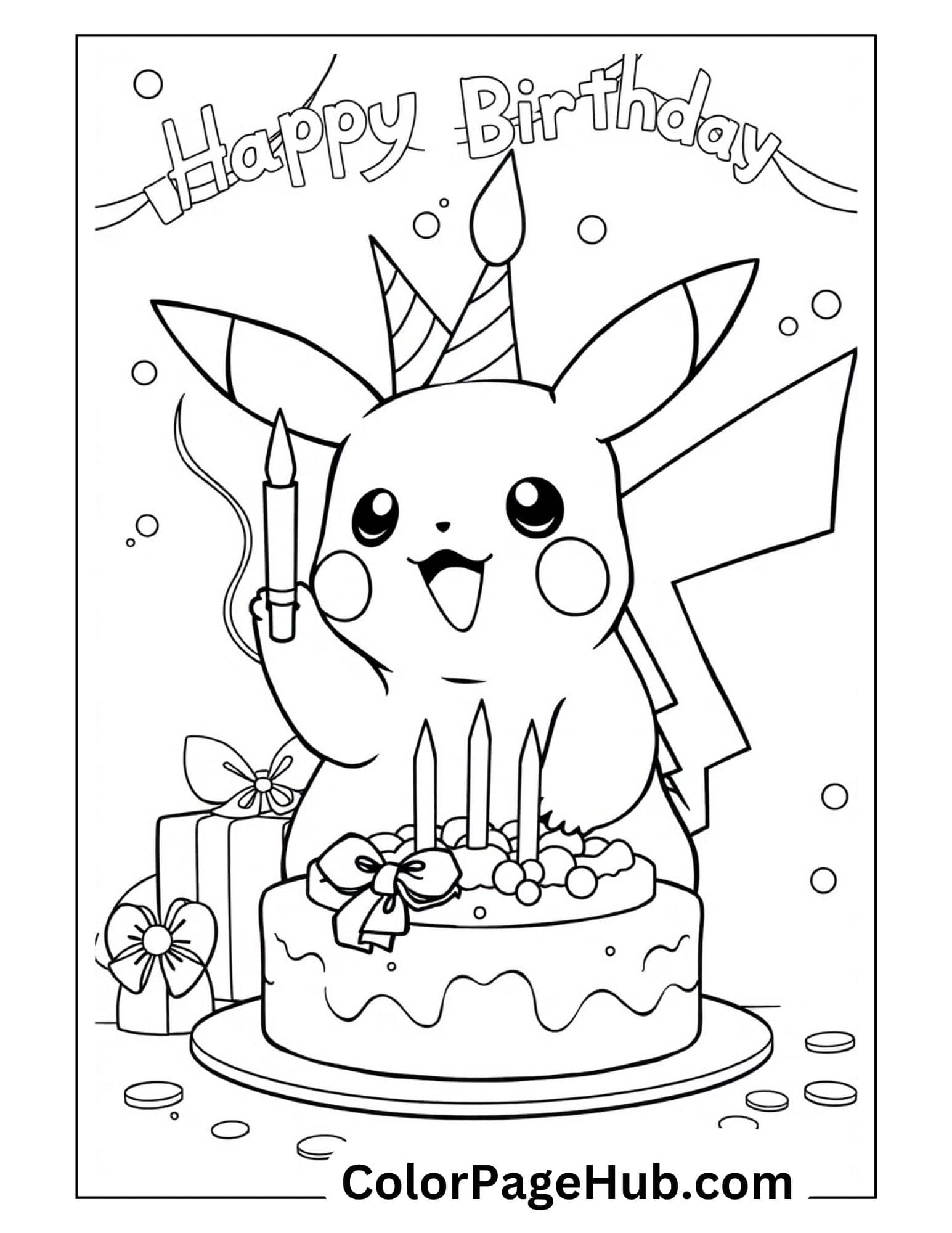 Birthday celebration Pikachu coloring pages with the Pokemon character wearing a party hat beside a cake with candles and presents.