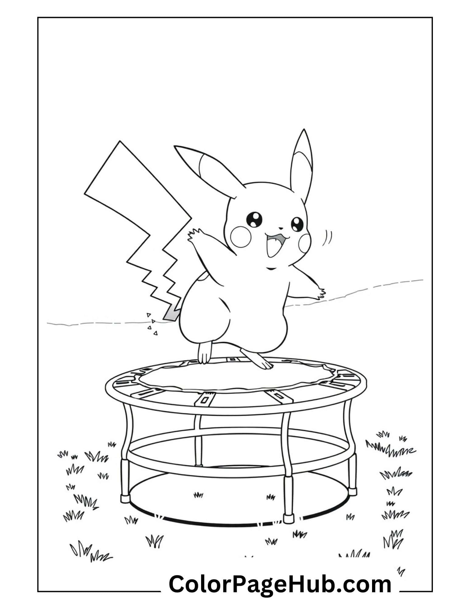 Fun Pikachu coloring pages featuring the cheerful Pokemon bouncing on a trampoline with its lightning-shaped tail and happy expression