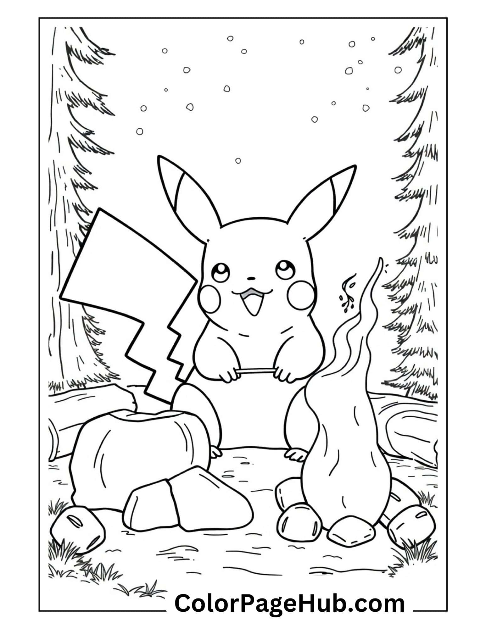 Winter Pikachu coloring pages featuring the Pokemon character sitting by a campfire in a snowy forest setting with falling snowflakes.