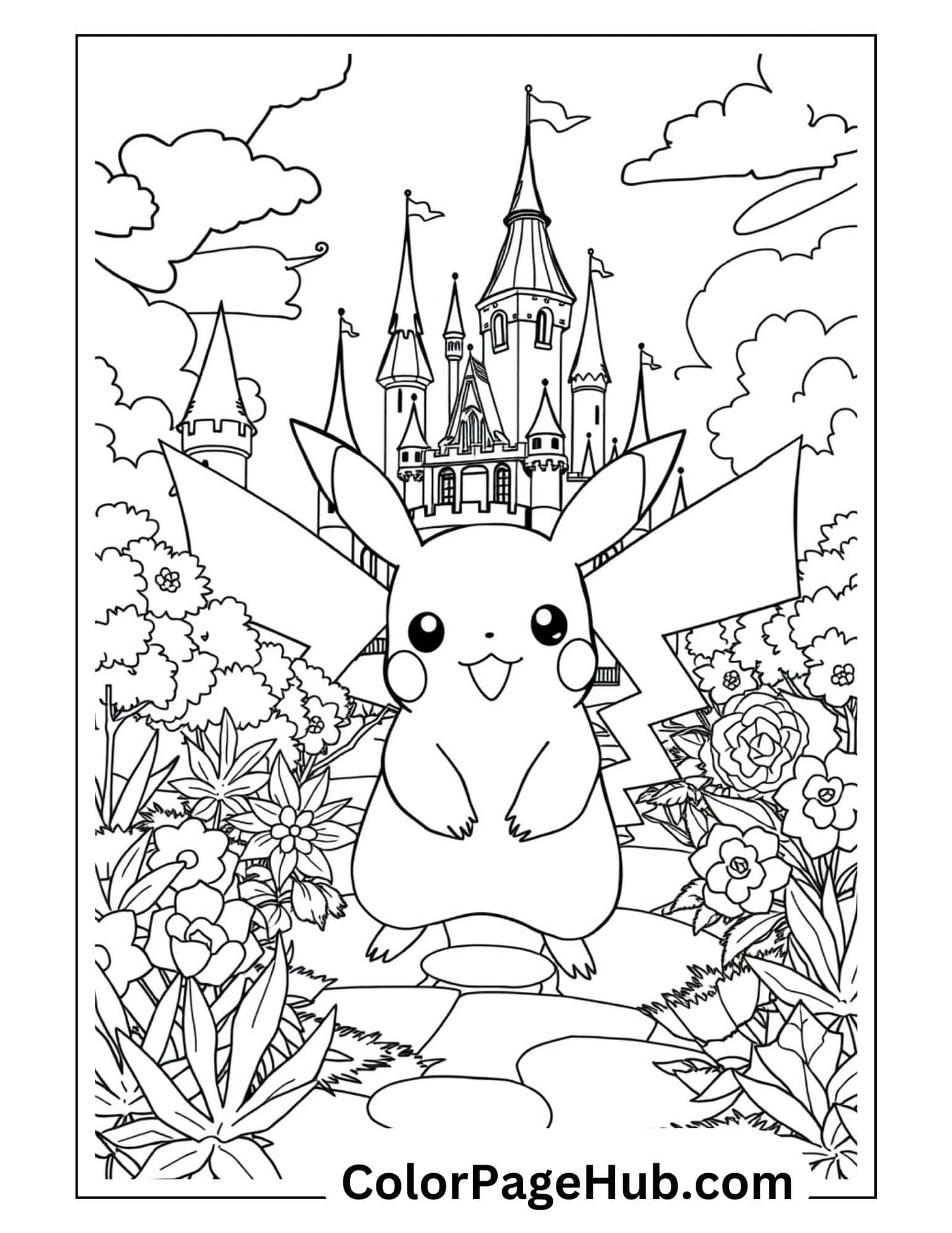 Pikachu coloring pages featuring the happy Pokemon standing in a floral garden path leading to a majestic fairy tale castle with towers