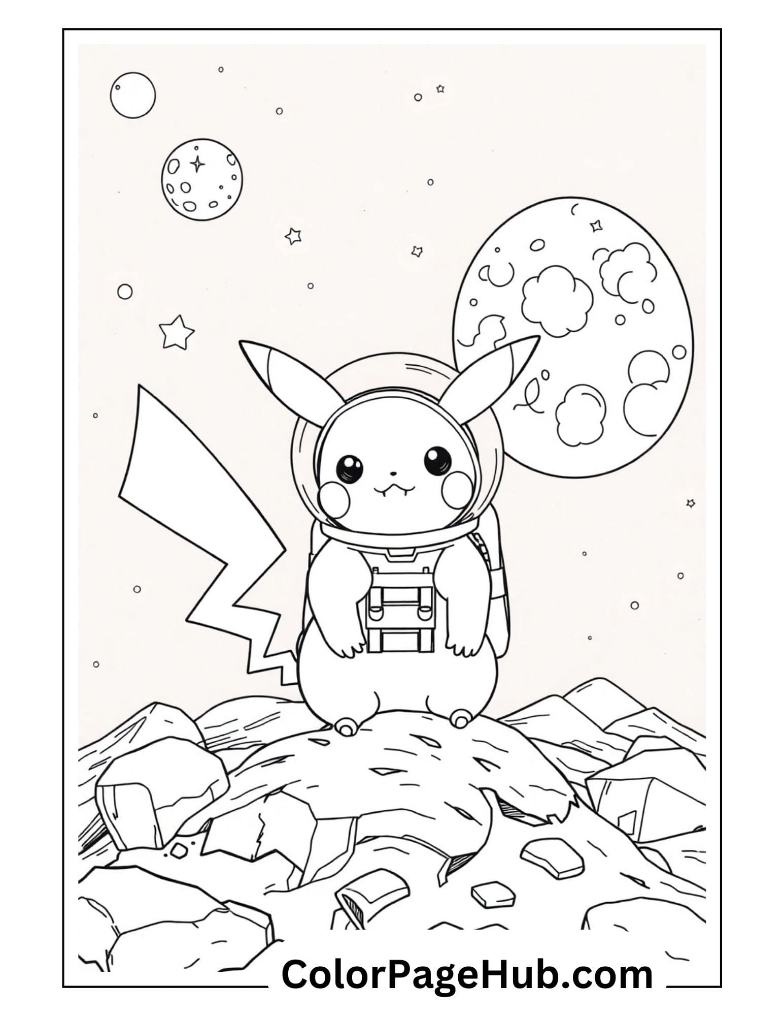 Space explorer Pikachu coloring pages with the adorable Pokémon in astronaut suit standing on moon surface with planets and stars in background