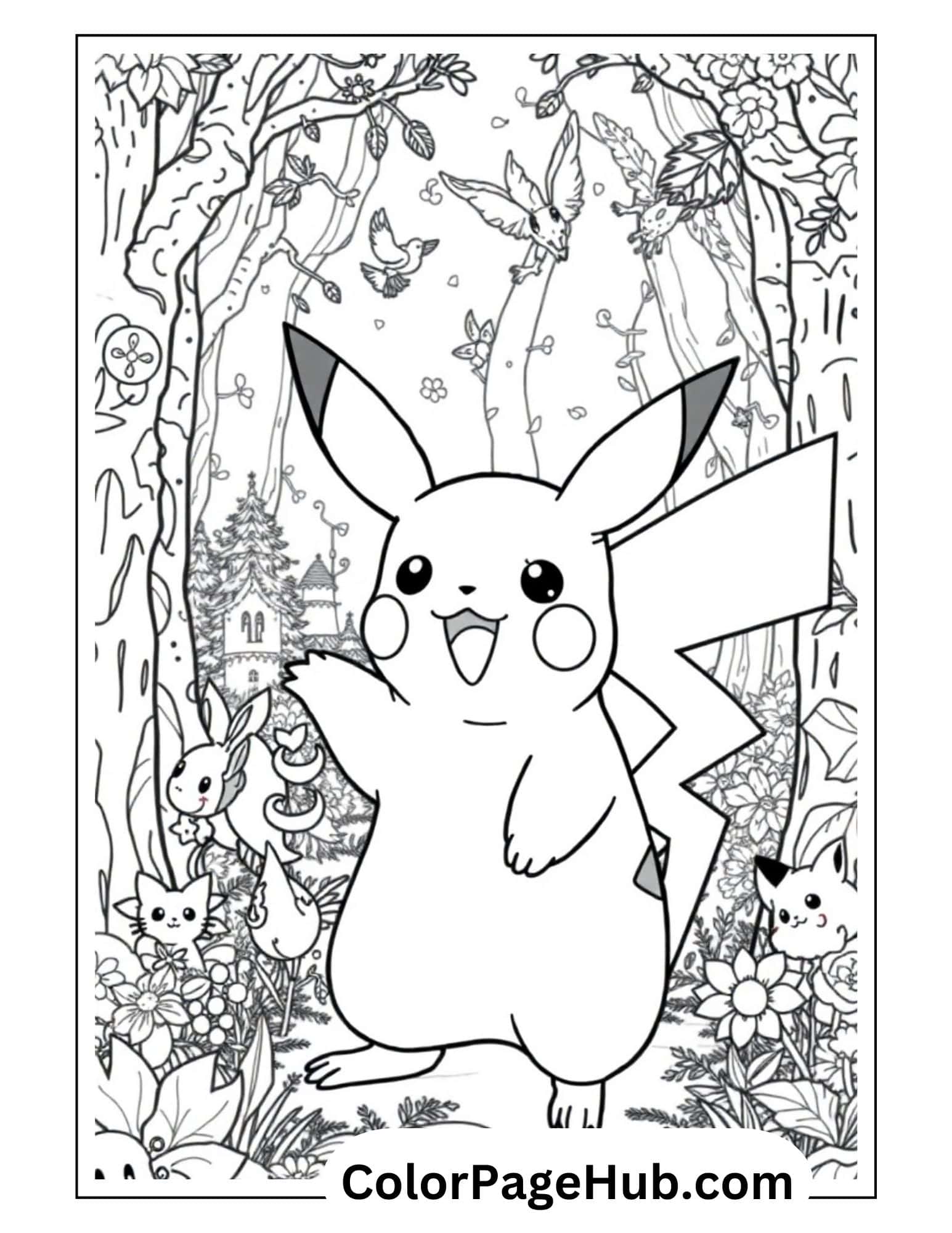 Adorable Pikachu coloring pages featuring the cheerful Pokémon in an enchanted forest with woodland friends, flowers and a fairy tale castle in the background.