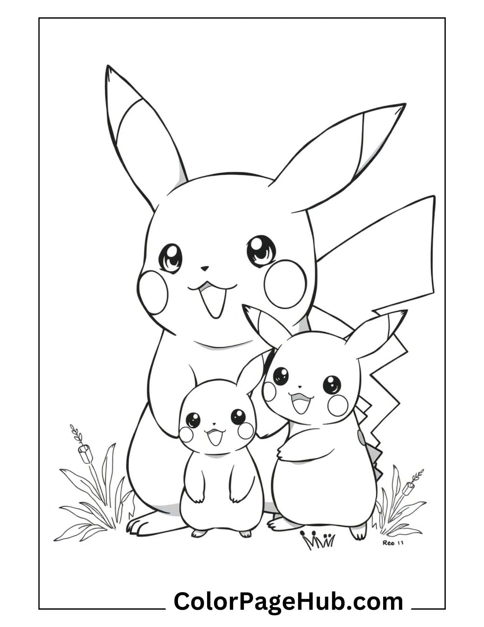 Adorable Pikachu coloring pages featuring a Pikachu family with one adult and two baby Pikachus standing together in grass