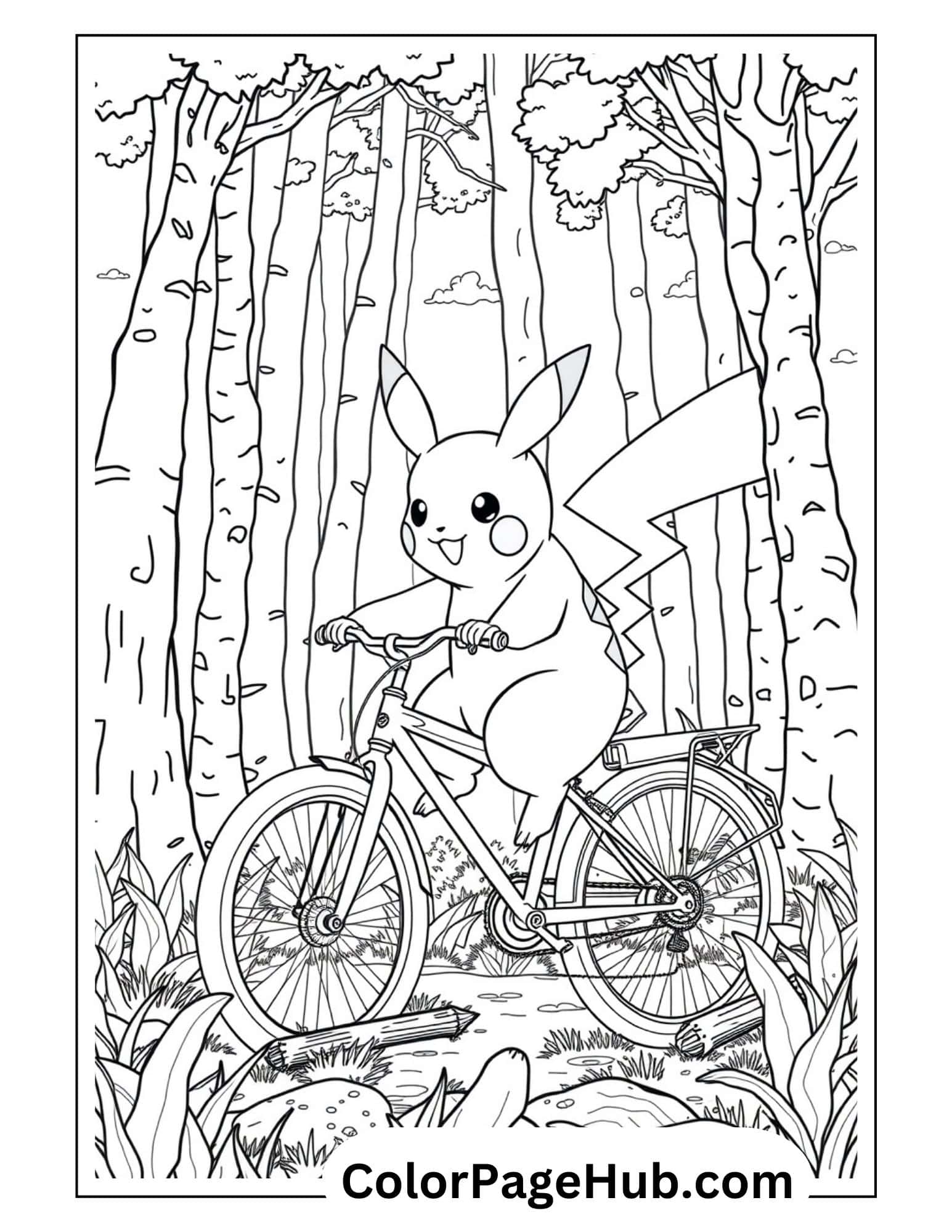 Pikachu coloring pages featuring the electric Pokemon riding a bicycle through a forest path with tall trees and nature details