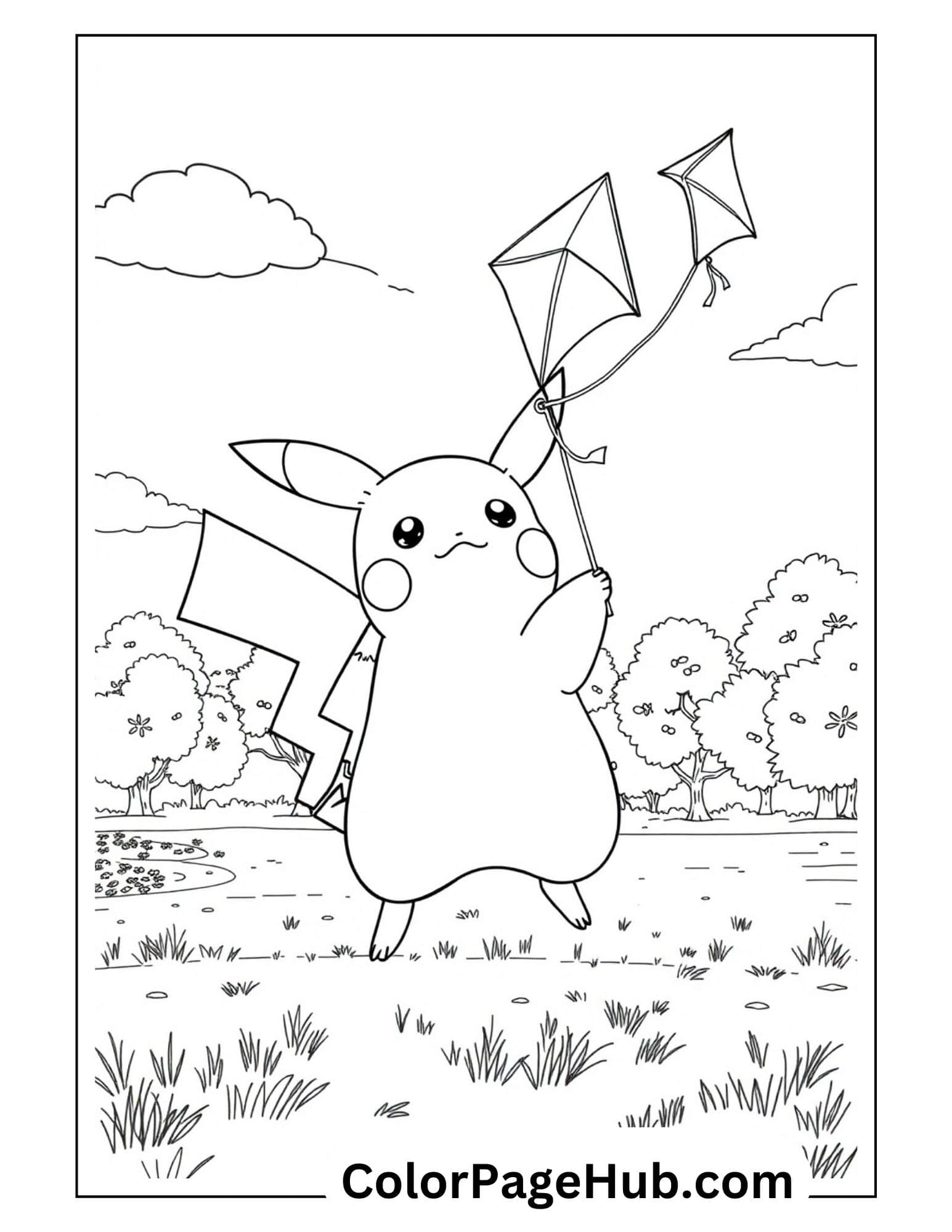 Fun Pikachu coloring pages featuring the beloved Pokémon flying kites in a grassy park with trees and clouds on a sunny day, perfect for kids.