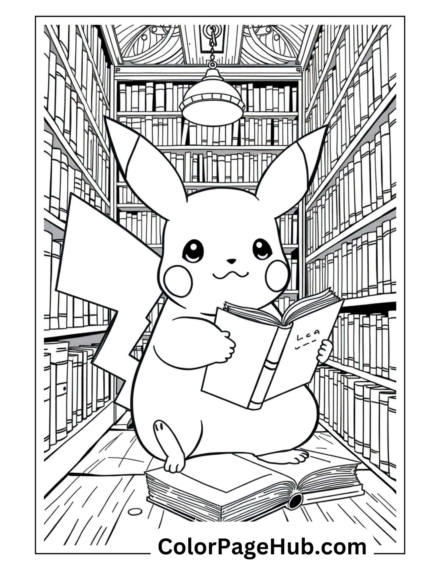 Adorable Pikachu coloring pages featuring the electric Pokemon reading books in a cozy library surrounded by tall bookshelves and knowledge