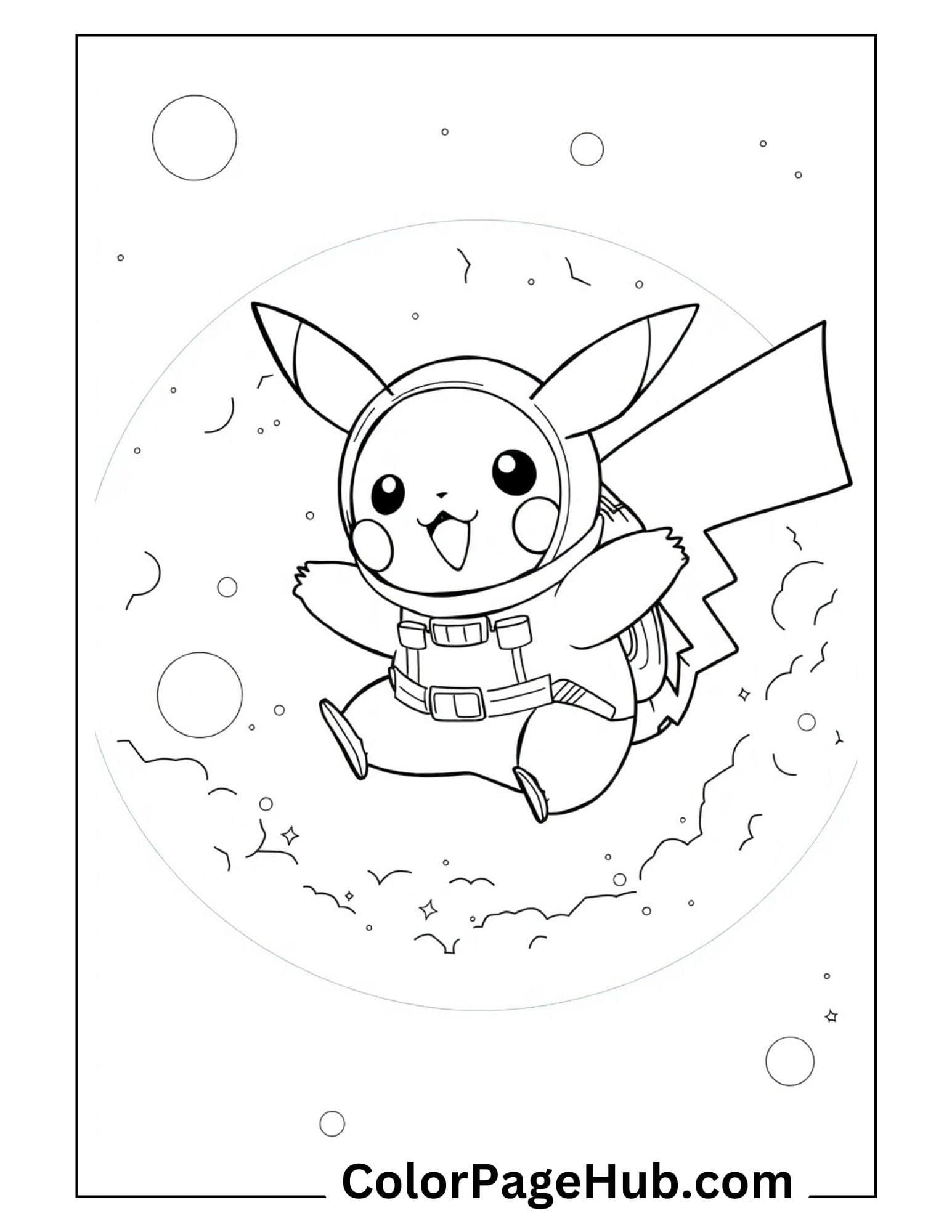 Astronaut Pikachu coloring page featuring the Pokémon in a space suit floating among stars and planets - fun space-themed Pikachu coloring pages for kids.