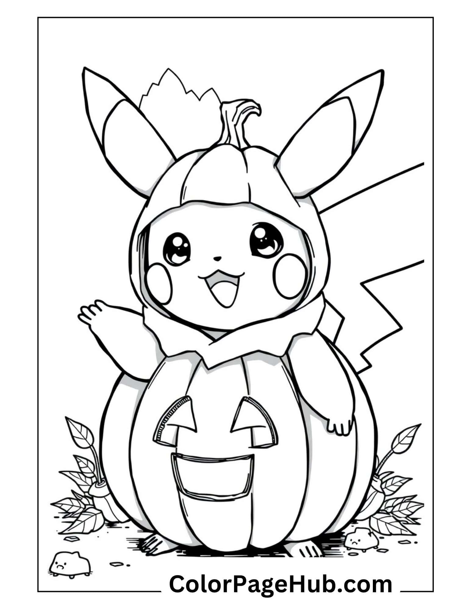 Halloween Pikachu coloring page with the Pokémon wearing a jack-o'-lantern costume, surrounded by autumn leaves, perfect for seasonal coloring fun.