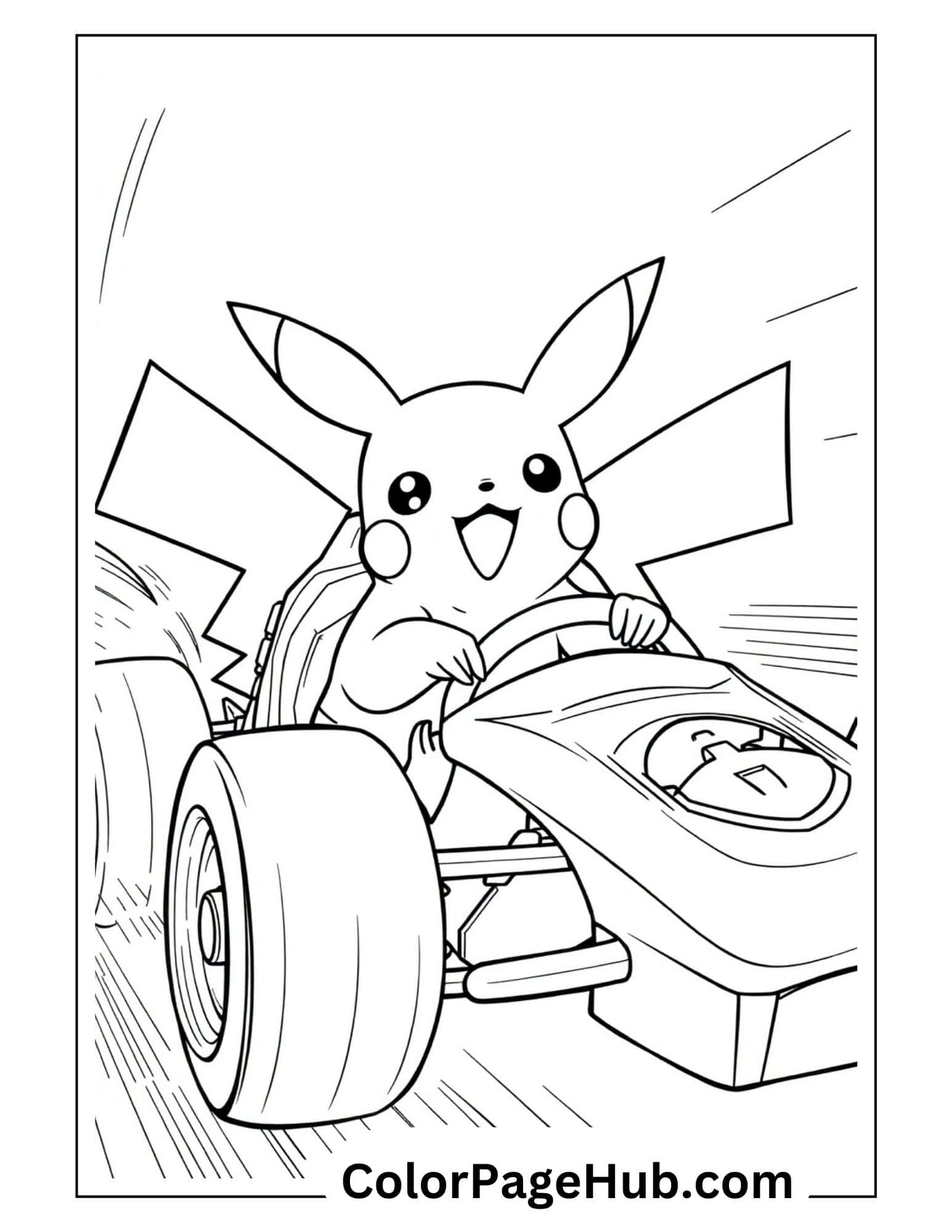 Fun Pikachu coloring pages featuring the electric Pokemon character joyfully driving a race car with determined expression and signature ears.