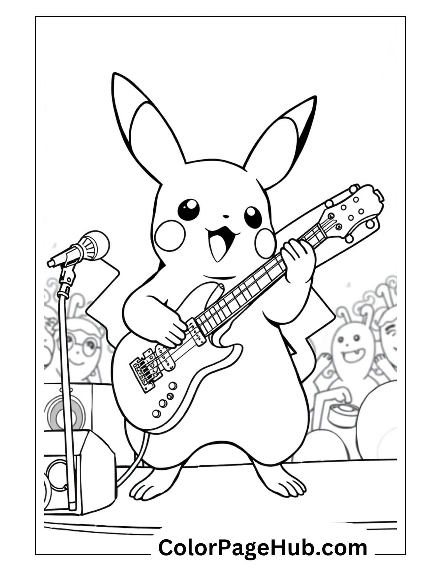 Rock star Pikachu coloring page showing the electric Pokemon playing guitar on stage with excited fans in the background, perfect for Pikachu coloring pages fans.