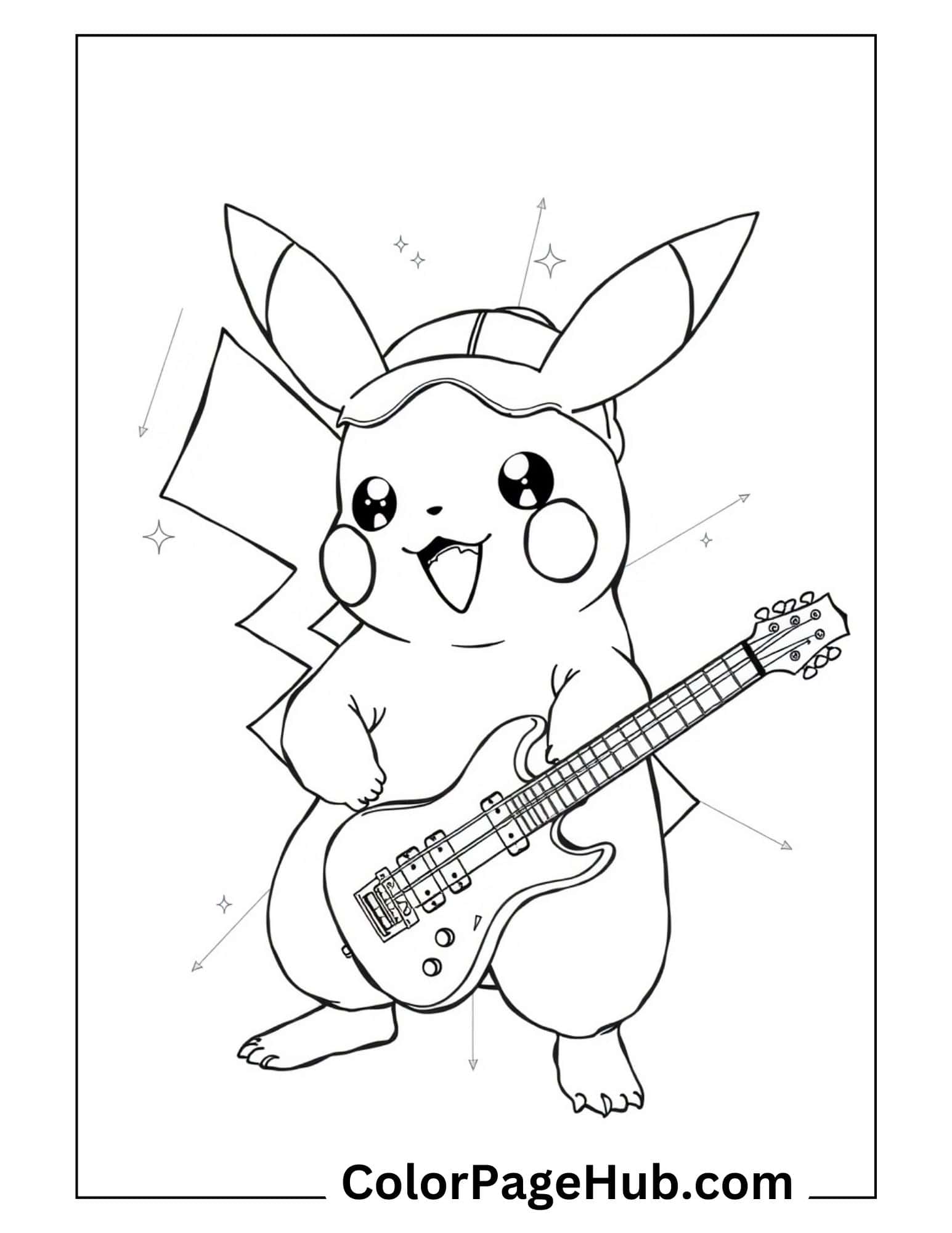 Musical Pikachu coloring page featuring the electric Pokémon joyfully playing guitar with sparkles and a cap, perfect for kids who love Pokémon art.